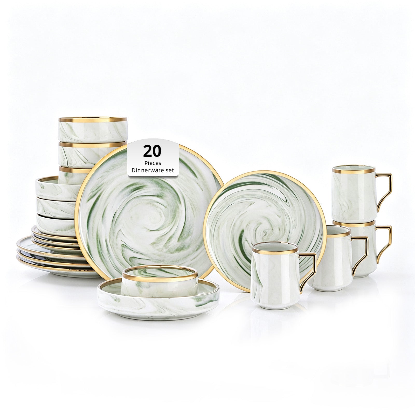 A 20-piece dinnerware set with a white and green marble swirl pattern and gold trim, including plates, bowls, mugs, and saucers, displayed on a clean white background.