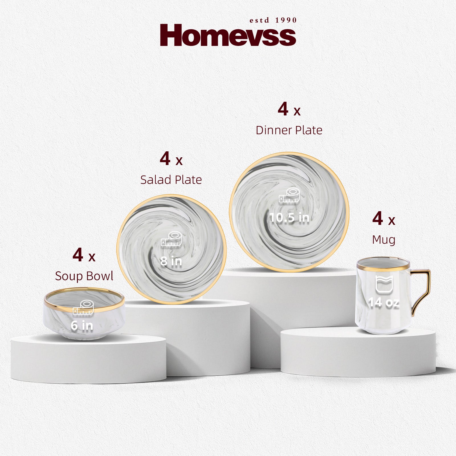 Homevss dinnerware set displayed on white pedestal risers against a light gray background, including four 10.5-inch plates, one 6-inch soup bowl, and one 14 oz mug, with text labels indicating quantity and size.