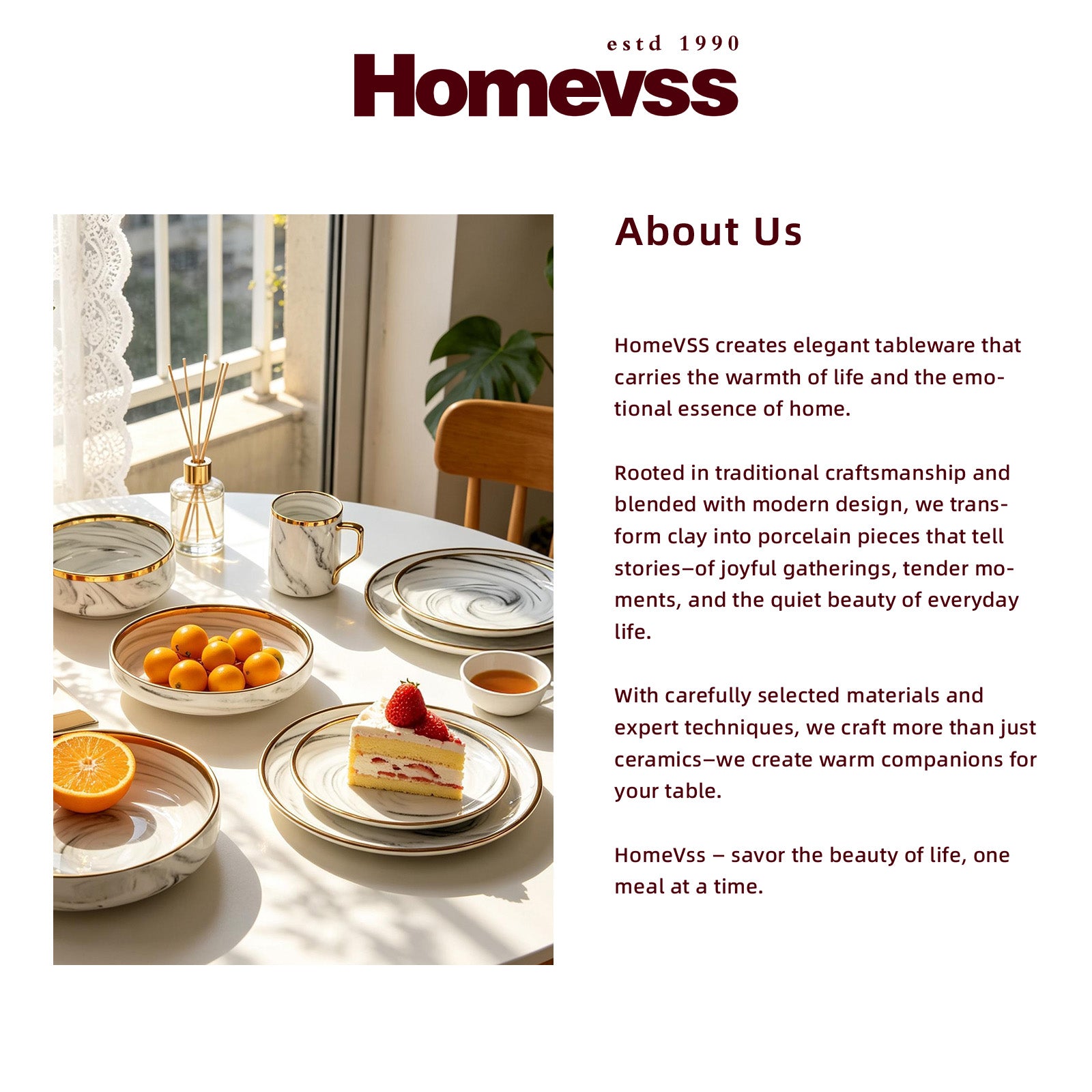 A promotional graphic for Homevss featuring a lifestyle photograph of a beautifully set table with ceramic dishes, plates, and cups on the left, and 'About Us' text on the right against a white background.