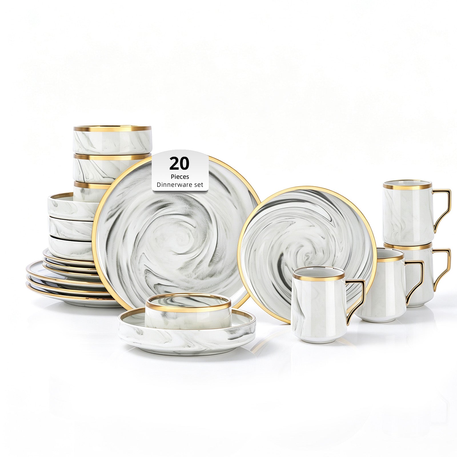 A 20-piece dinnerware set with white and gray marble swirl patterns and gold trim, including plates, bowls, mugs, and saucers, displayed on a clean white background.