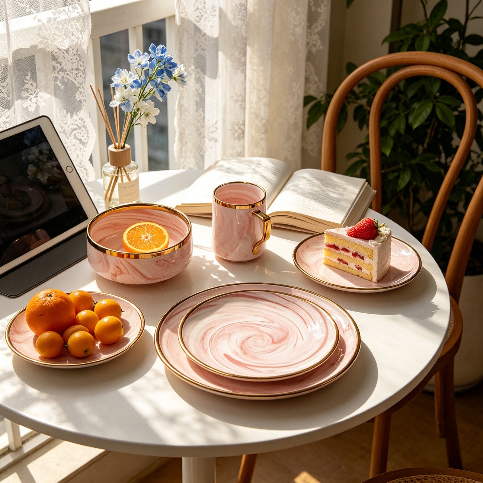 Elegant dining table setting featuring the complete HomeVSS pink dishes set