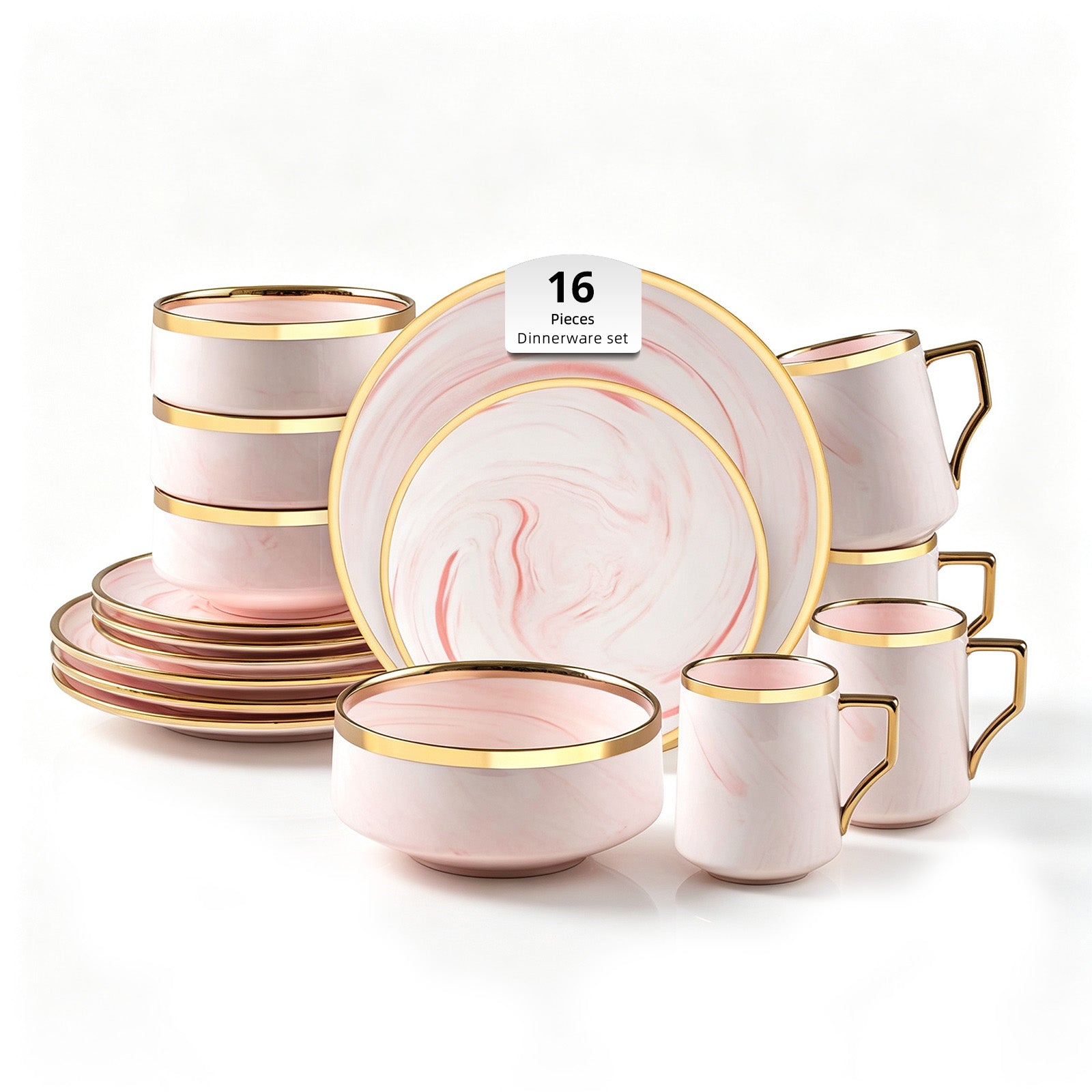 HomeVSS 16-piece pink dinnerware set, ceramic dishes with gold rim and marble pattern