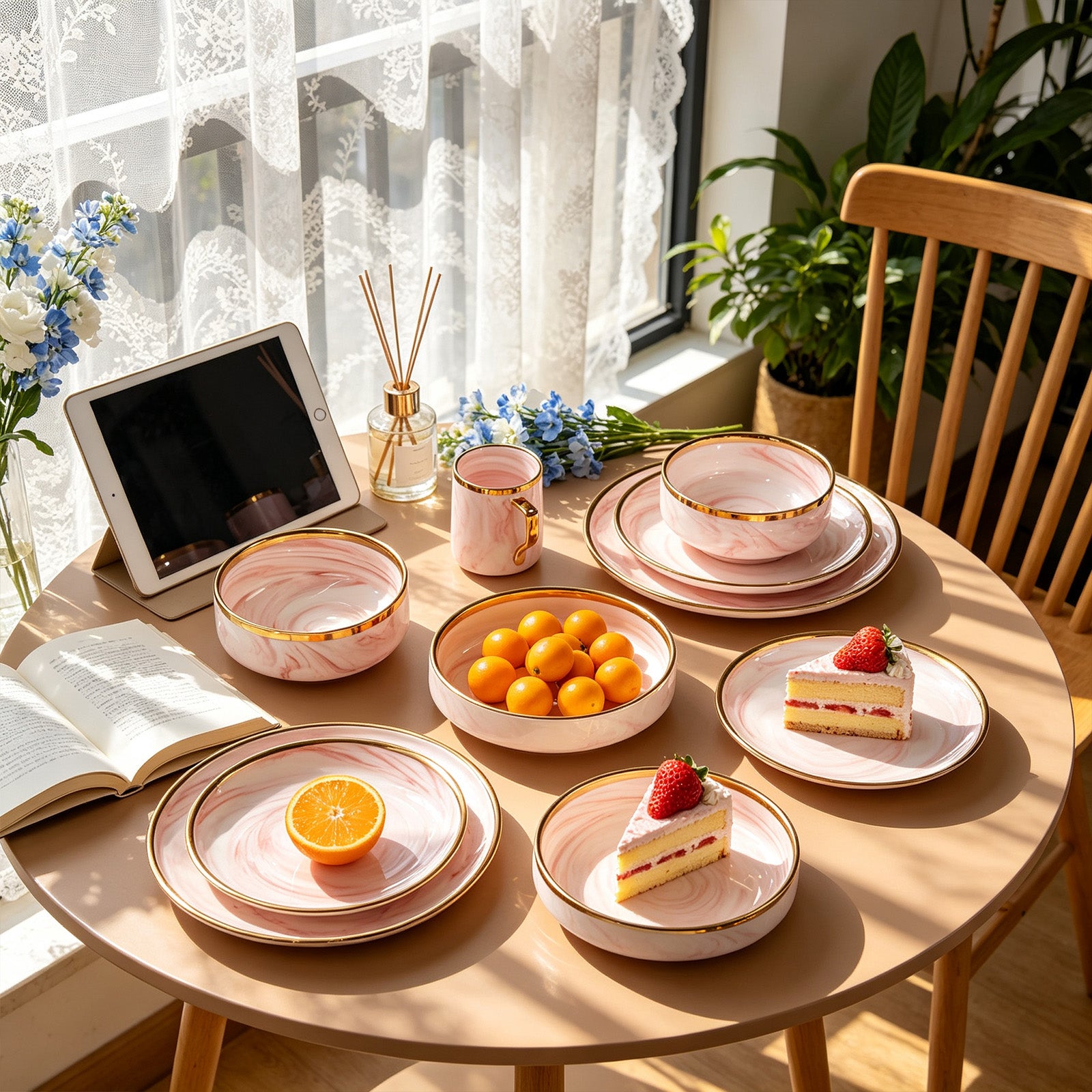 Elegant dining table setting featuring the complete HomeVSS pink dishes set