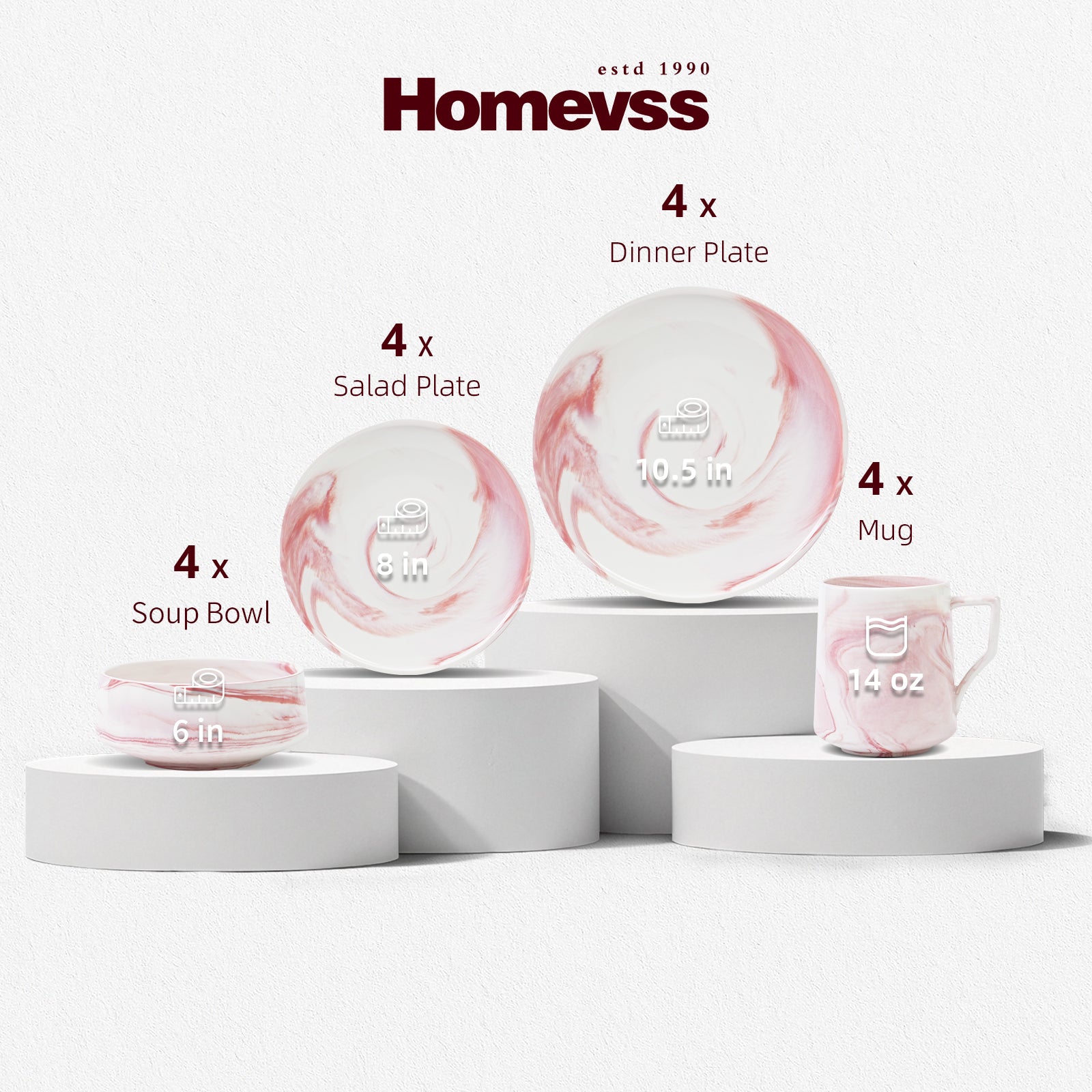 Homevss dinnerware set displayed on white pedestals, including four 10.5 in dinner plates, four 8 in salad plates, four 6 in soup bowls, and four 14 oz mugs, all featuring a pink and white marbled pattern on a white background.