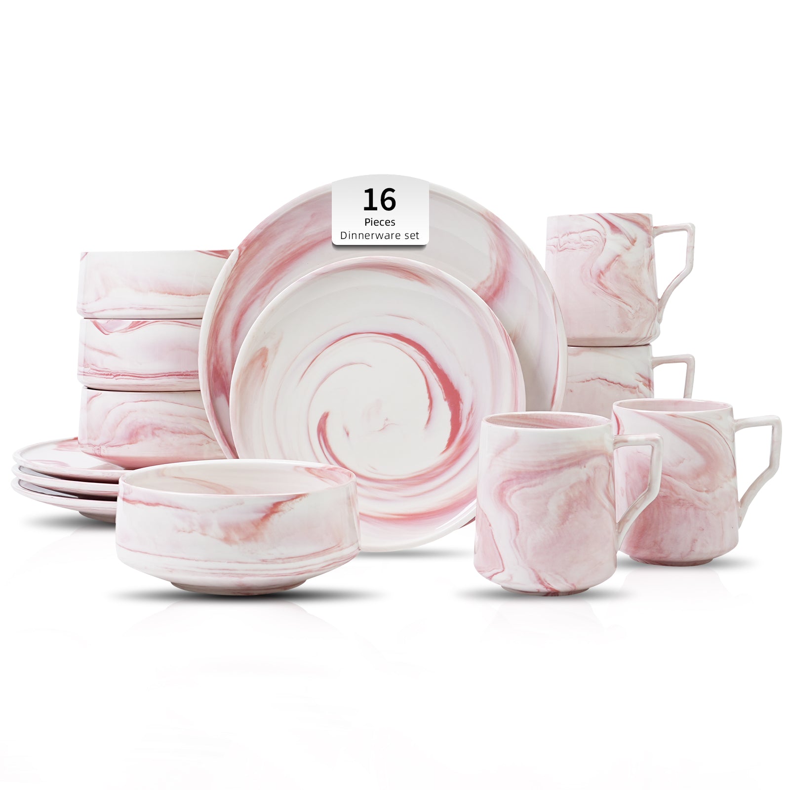 A 16-piece dinnerware set with pink and white marble swirl patterns, including plates, bowls, and mugs, arranged on a clean white background.