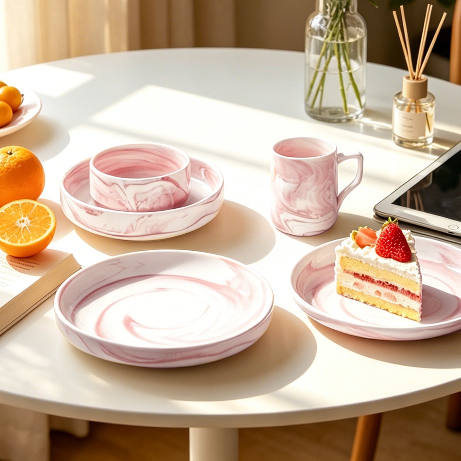 A styled dining table setting featuring a pink and white marble-patterned tableware set, including plates, a bowl, a mug, and a small dish, alongside a slice of strawberry cake and decorative items in a bright indoor setting.