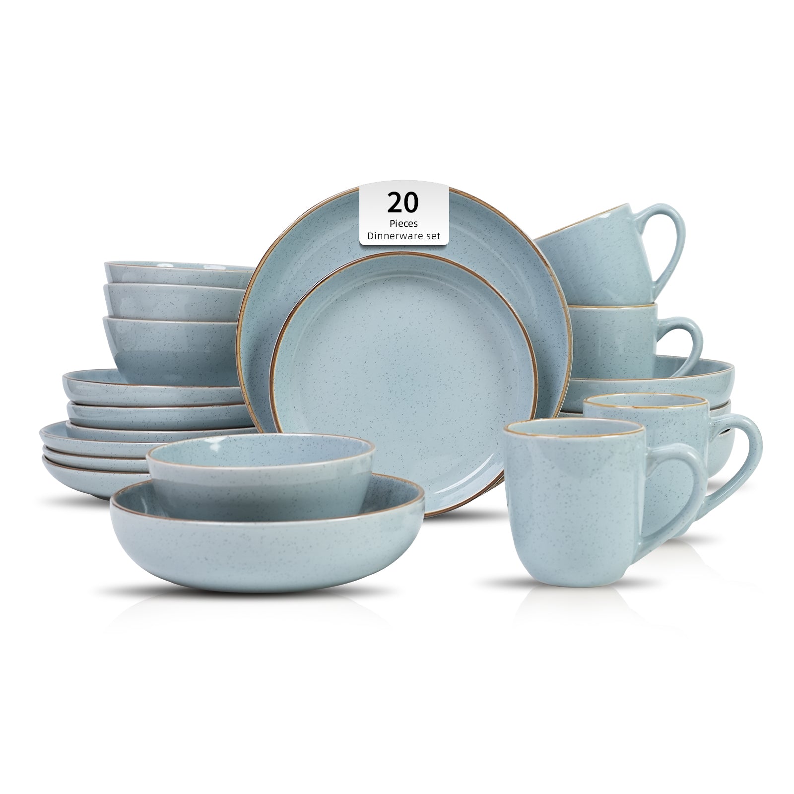 20-piece ceramic dinnerware set with light blue color on a white background