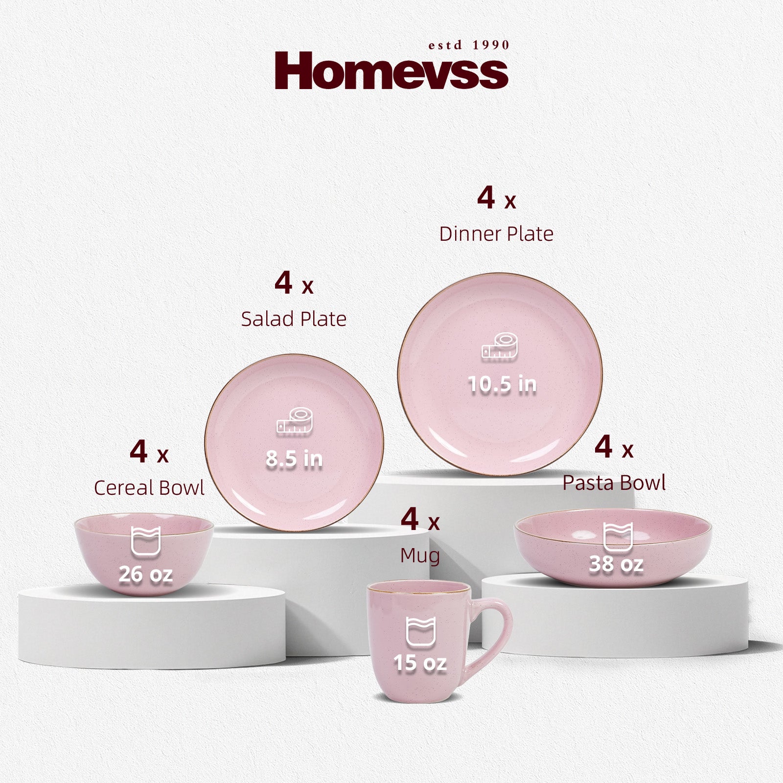 Set of pink ceramic dishes with measurements and 'Homevss' branding on a white background