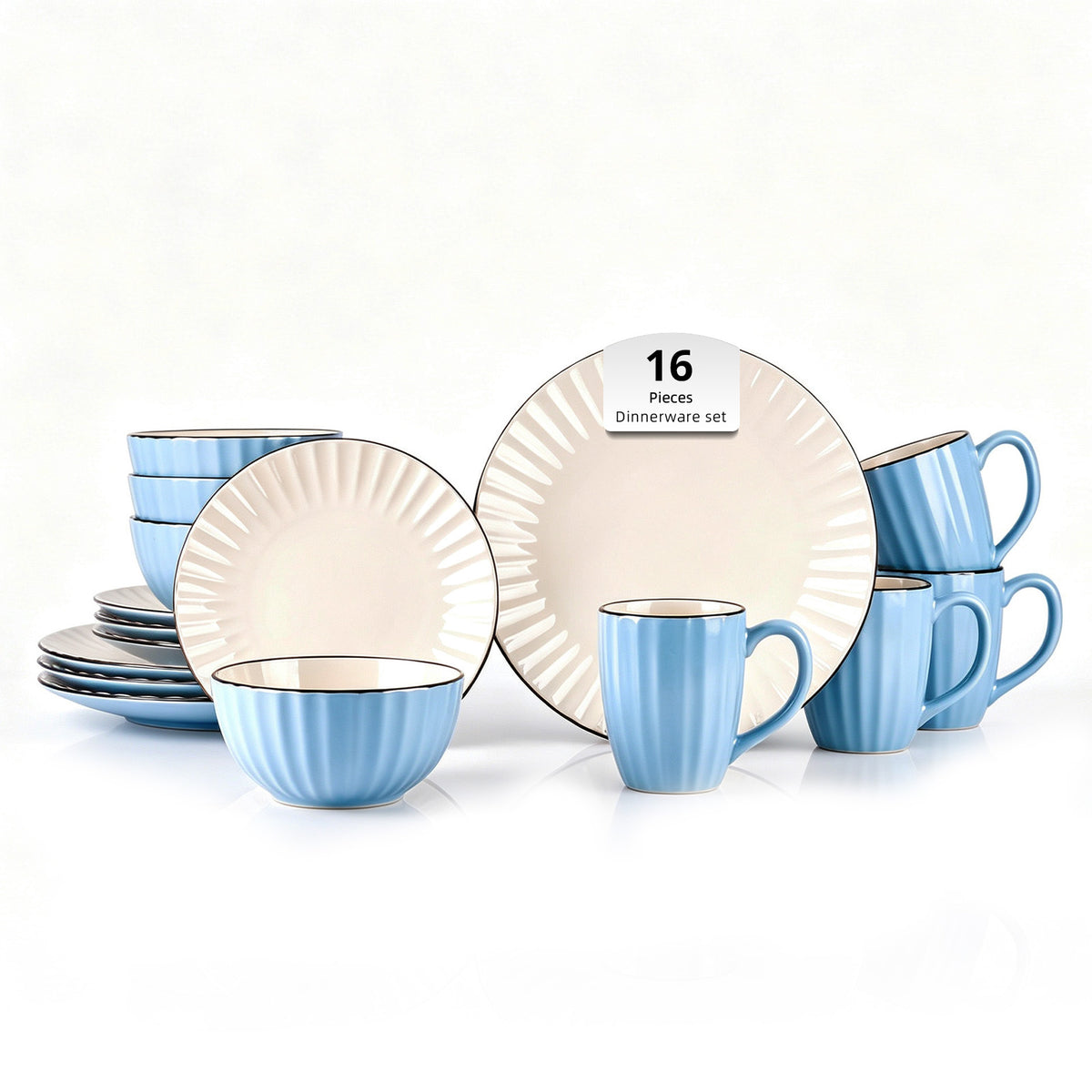 A 16-piece light blue and cream dinnerware set arranged on a white background, including plates, bowls, and mugs with ribbed detailing and dark rim accents.