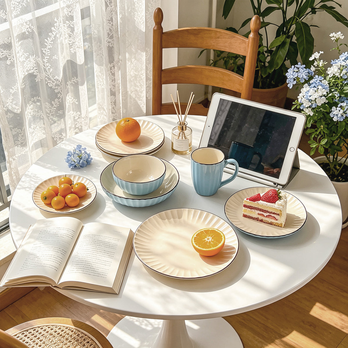 A styled dining table scene with pastel blue and cream ceramic tableware, including plates, bowls, and a mug, arranged on a round white table. An iPad in a stand, an open book, fruit, a slice of cake, and flowers are present in a bright indoor setting with sunlight and a wooden chair in the background.