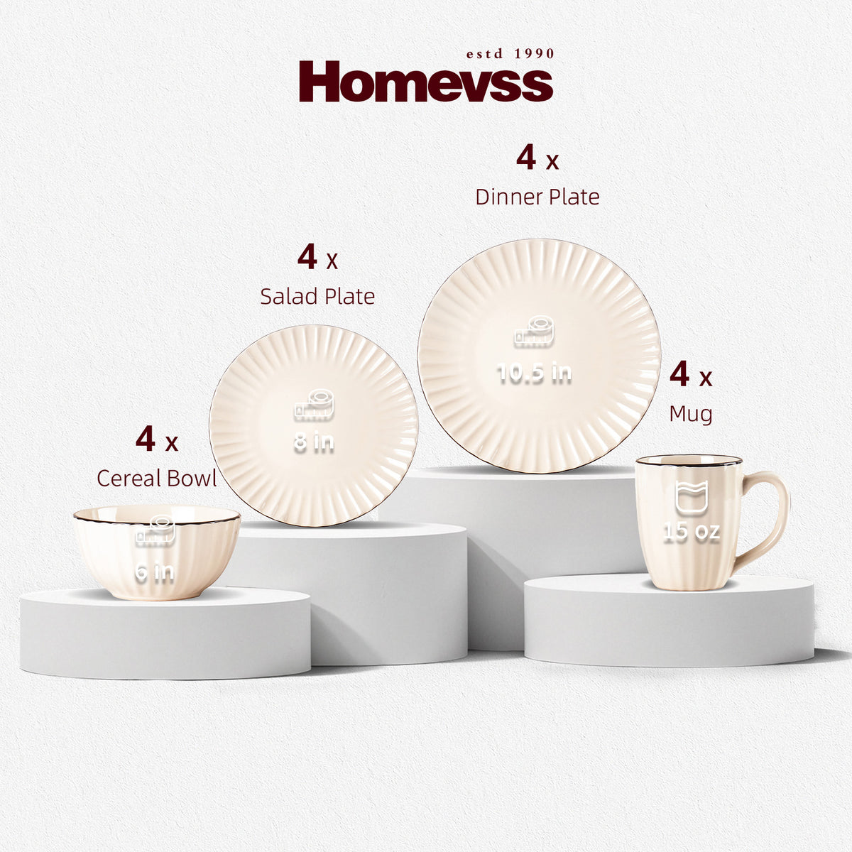 Homevss ceramic tableware set displayed on white pedestals, including 4 dinner plates, 4 salad plates, 4 cereal bowls, and 4 mugs in a warm cream color with gold accents.