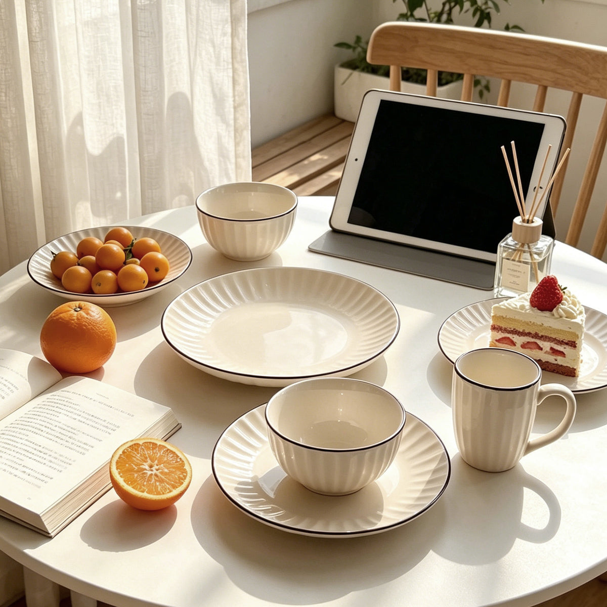 A styled tabletop scene with a set of ribbed ceramic tableware, including plates, bowls, and a mug, arranged on a white round table. The setting includes fruit, an open book, a tablet in a stand, a slice of cake, and a reed diffuser in a softly lit indoor environment.