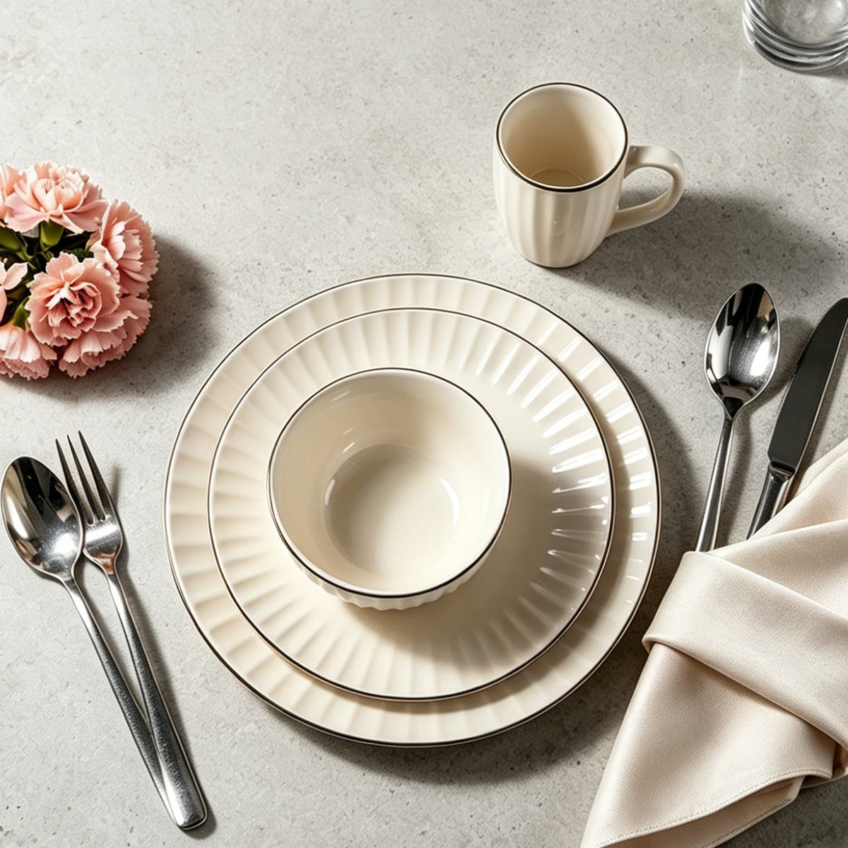 A place setting featuring a cream-colored ceramic dinnerware set with a thin metallic gold rim, including a mug, plates, and a bowl, arranged on a light gray textured surface with silver cutlery, a cream napkin, and pink flowers.