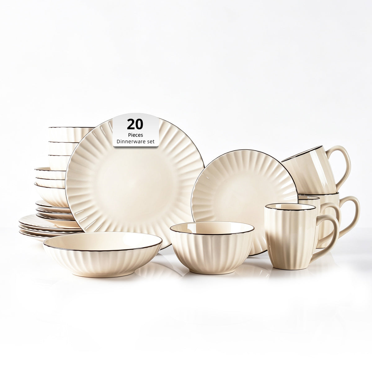 A 20-piece dinnerware set in a warm cream or off-white color with a subtle dark rim detail, including plates, bowls, and mugs, arranged on a clean white background.