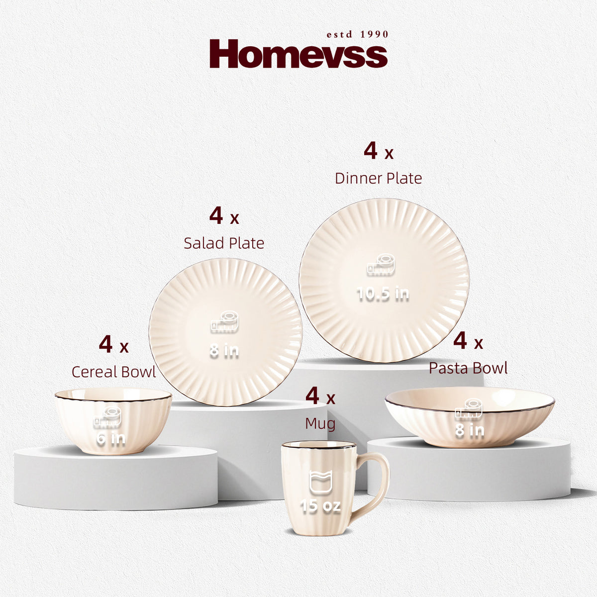 Homevss ceramic tableware set displayed on white pedestals against a light gray background, including four dinner plates (10.5 in), four cereal bowls (8 in), four pasta bowls (8 in), and one 15 oz mug.