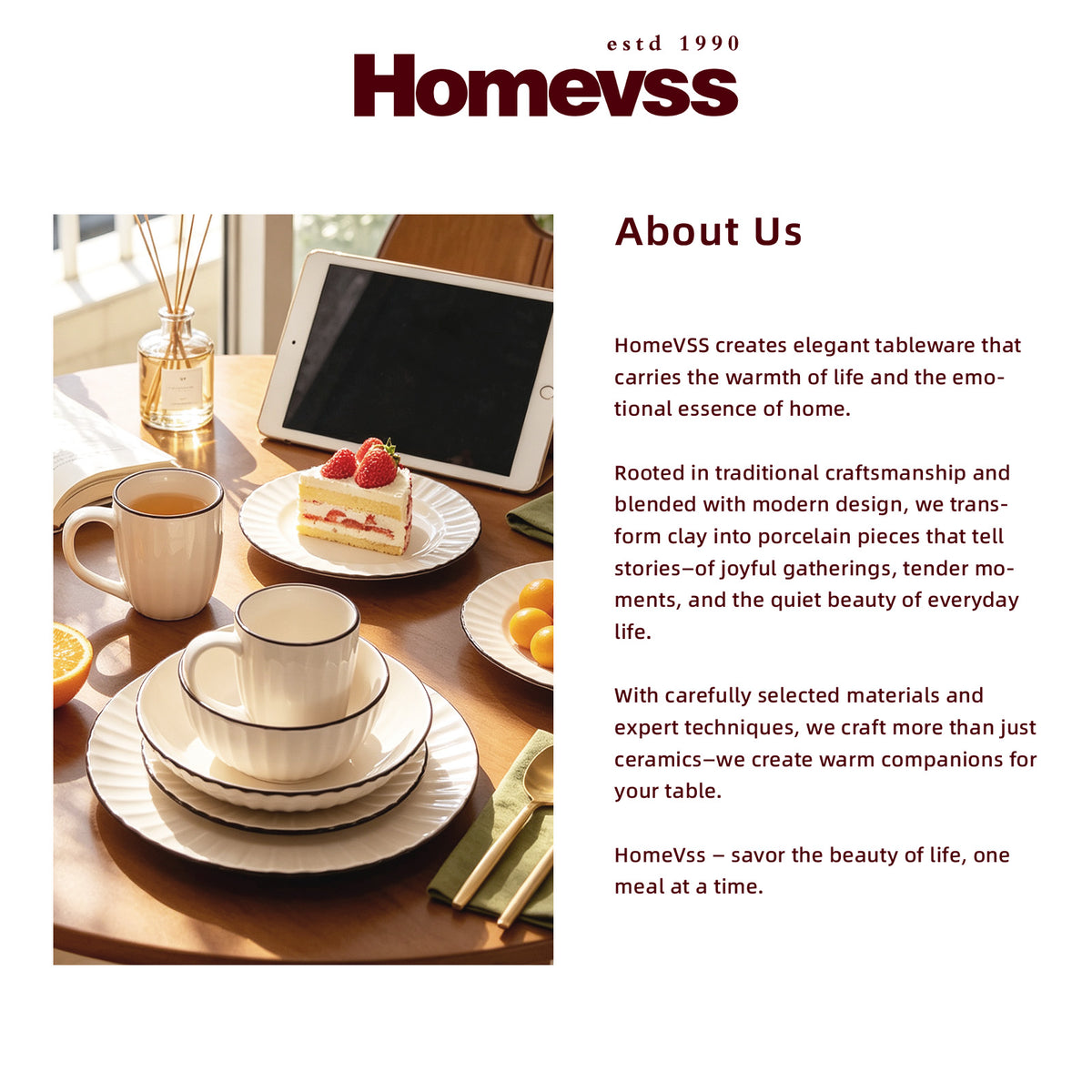 A promotional graphic for Homevss featuring a styled tabletop scene on the left with ceramic tableware, a cup of tea, a dessert, and a tablet, alongside an 'About Us' text section on a white background.