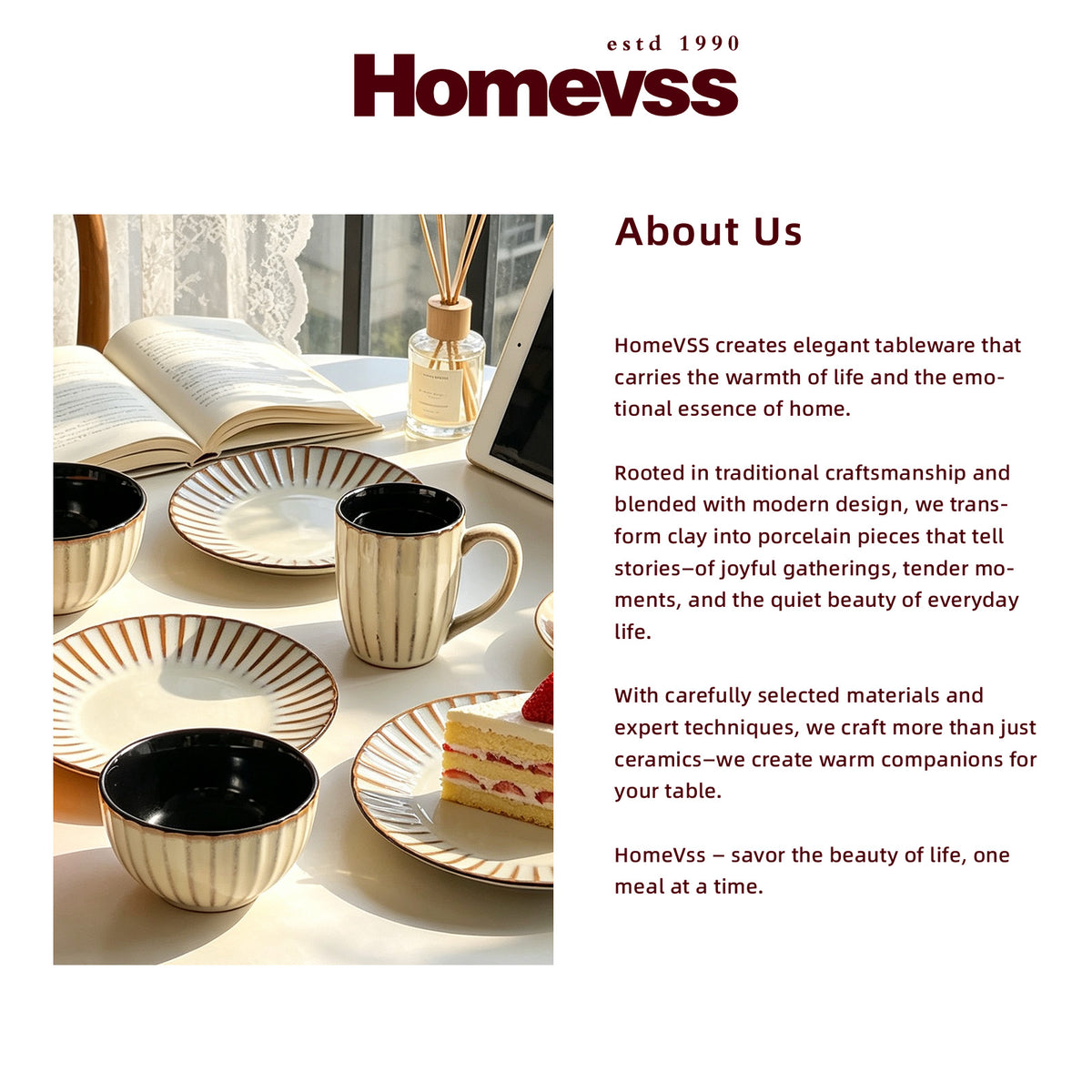 A promotional graphic for Homevss tableware, featuring a set of beige ceramic plates and bowls with black interiors and thin gold radial stripes, alongside an open book and a slice of cake on a table. The right side contains an 'About Us' text section with the Homevss brand logo.