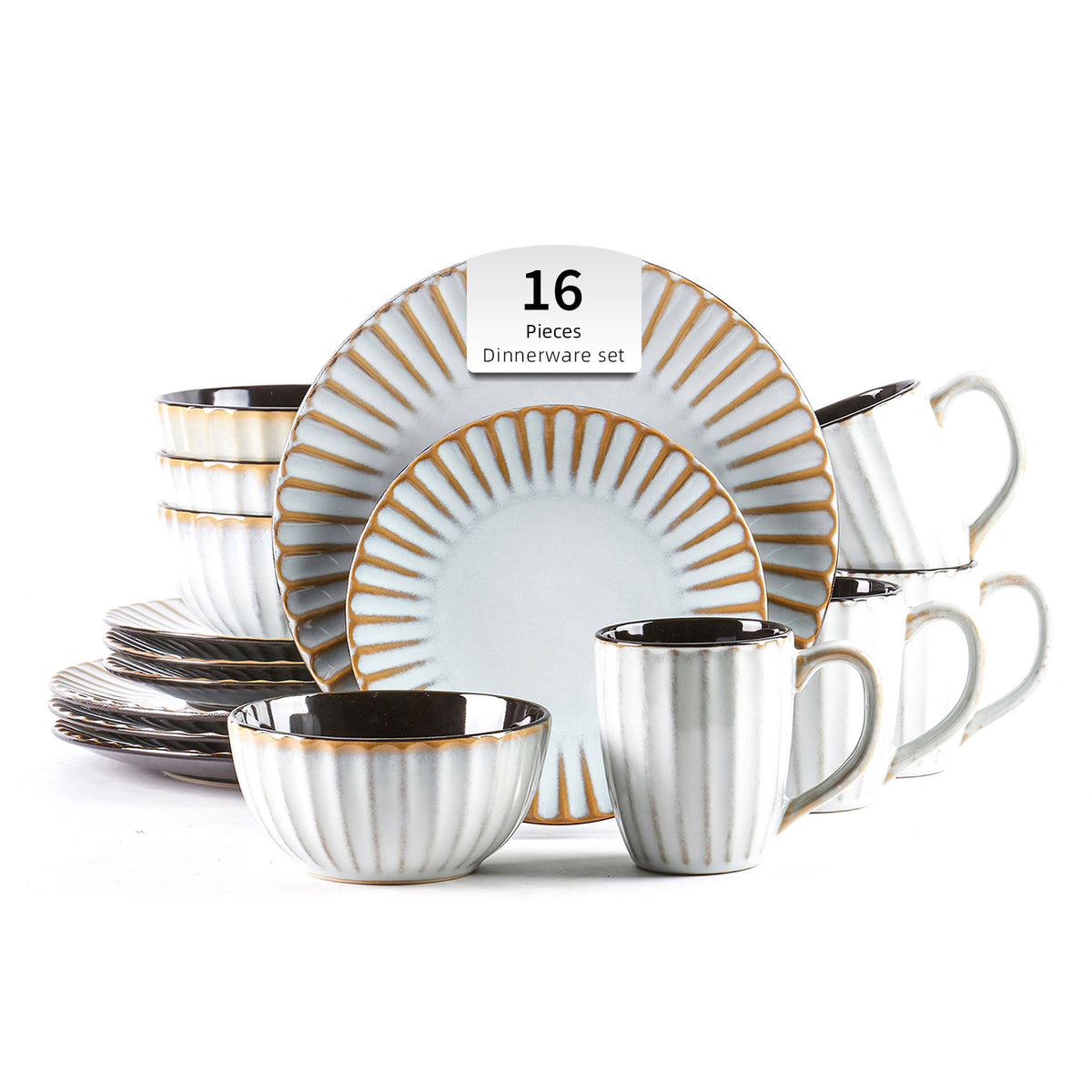 A 16-piece white dinnerware set with gold accents, including plates, bowls, and mugs, arranged on a white background with a small '16 Pieces Dinnerware set' label on top of the plates.