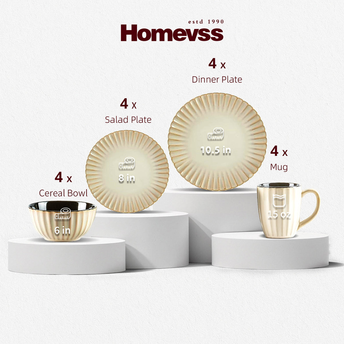Homevss dinnerware set displayed on white pedestals, including four 10.5-inch dinner plates, four 8-inch salad plates, four 6-inch cereal bowls, and four 15 oz mugs in a metallic champagne gold finish with black interiors.
