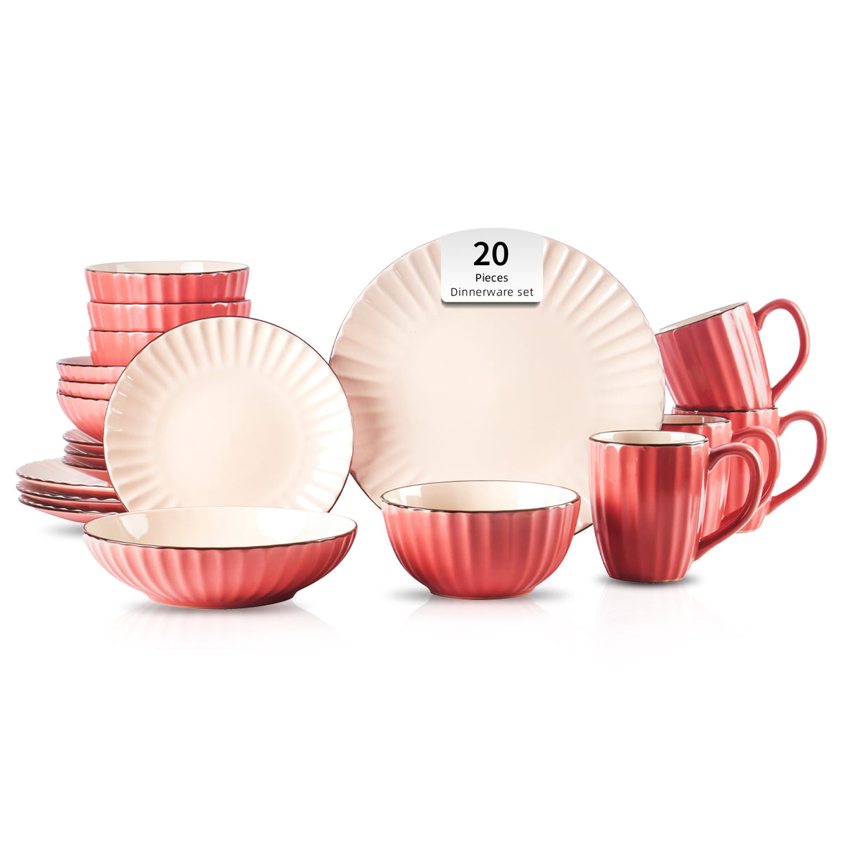 A 20-piece dinnerware set in a coral pink color with a gold rim, including plates, bowls, and mugs, arranged on a white background.