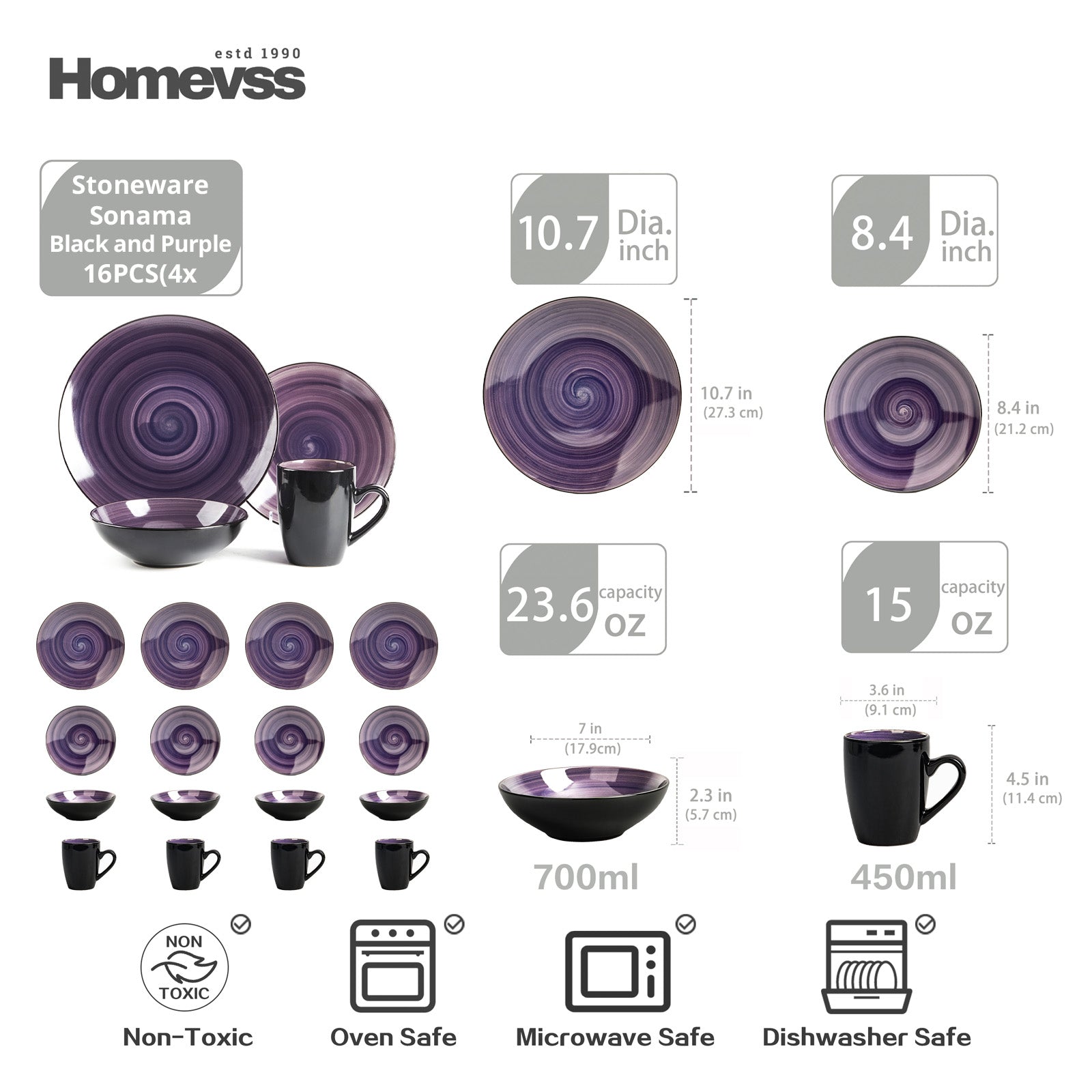 HomeVss Sonoma purple reactive glaze stoneware dinnerware set 16pcs for 4, size guide with plate, bowl, and mug dimensions.