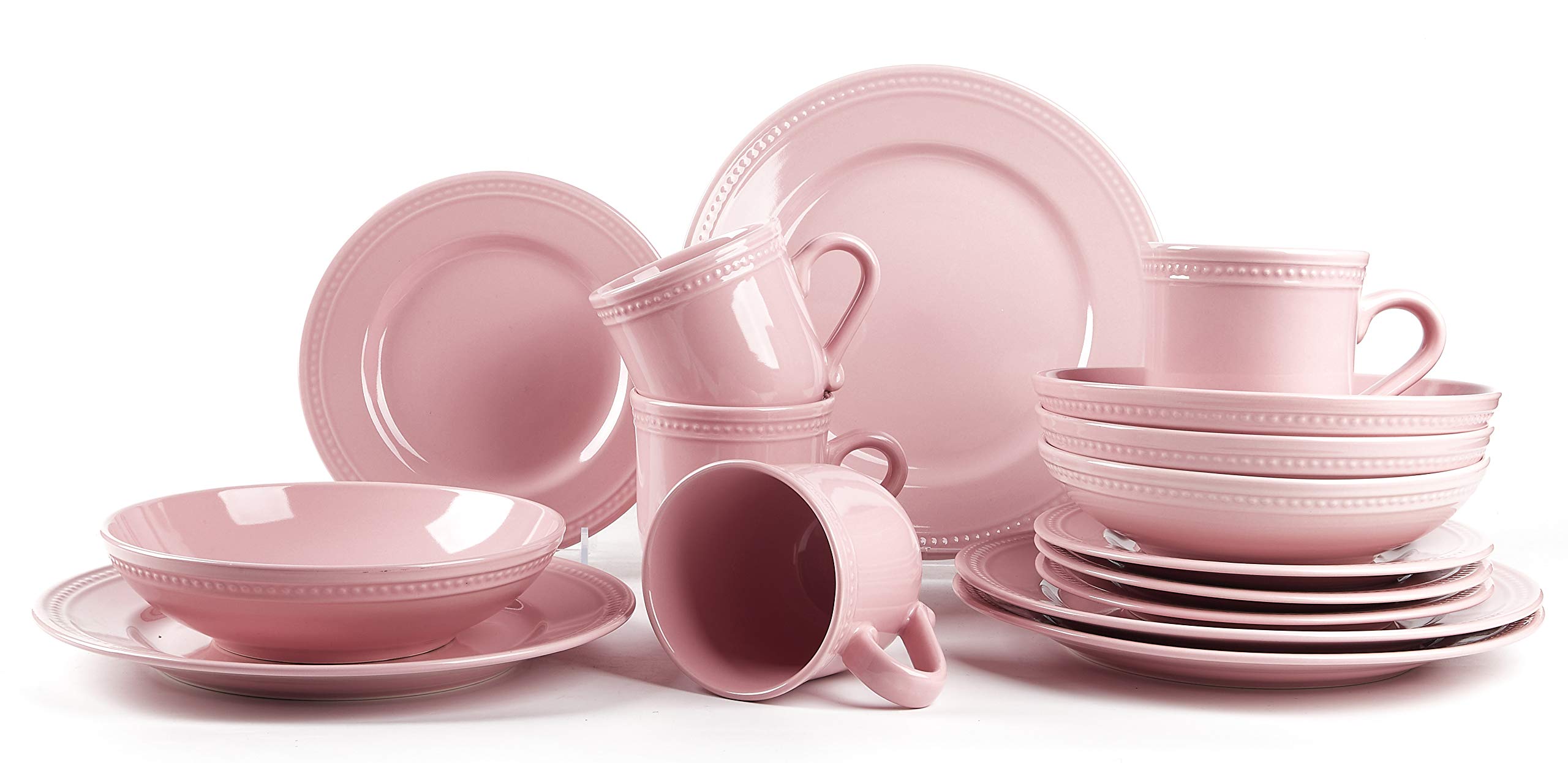 Pink stoneware dinnerware set with beaded rim and pearl dots on white background; plates, bowls and mugs shown. Oven, microwave and dishwasher safe.