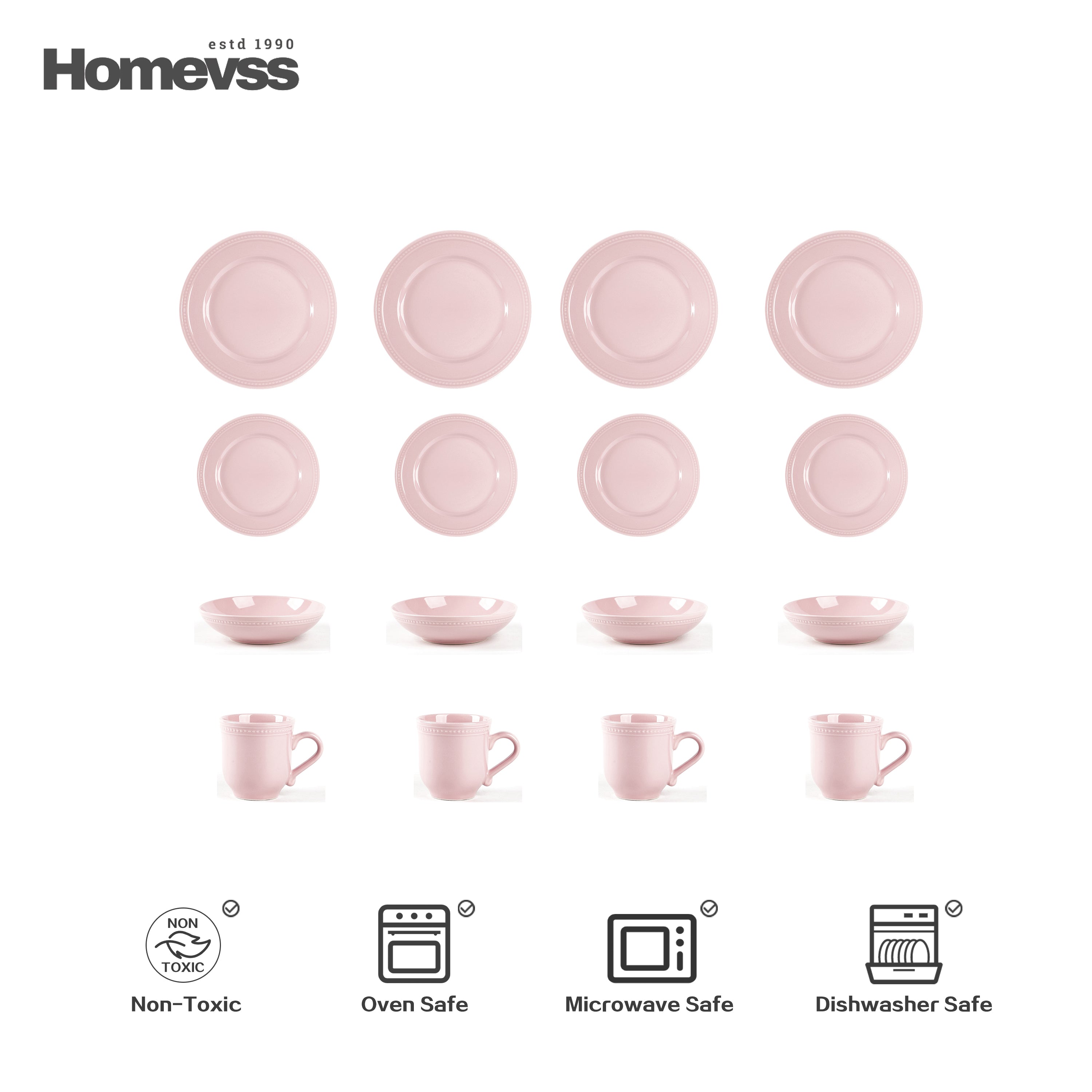 Pink stoneware dinnerware set with beaded rim and pearl dots, 16-piece set, service for 4; flat-lay grid showing 4 dinner plates, 4 salad plates, 4 soup/pasta bowls and 4 mugs. Oven, microwave and dishwasher safe.