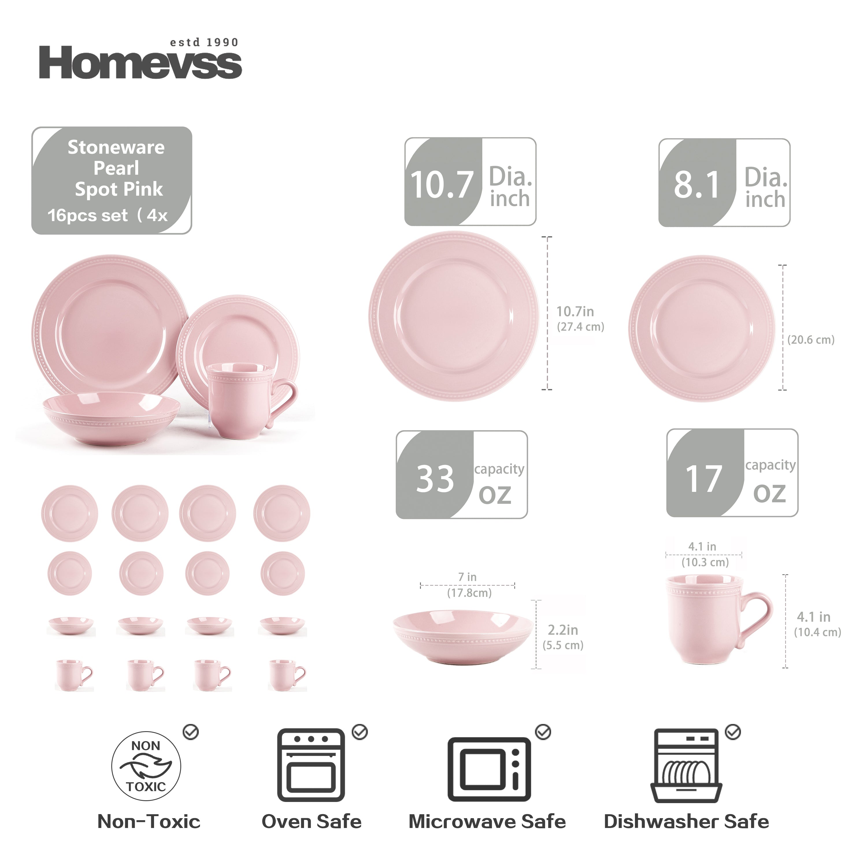 Pink stoneware dinnerware set size chart with beaded rim and pearl dots; 16-piece set, service for 4. Dimensions shown: dinner plate 10.7 in, salad plate 8.1 in, soup/pasta bowl 7 in × 2.2 in (≈950 ml), mug ≈500 ml. Oven, microwave and dishwasher safe.