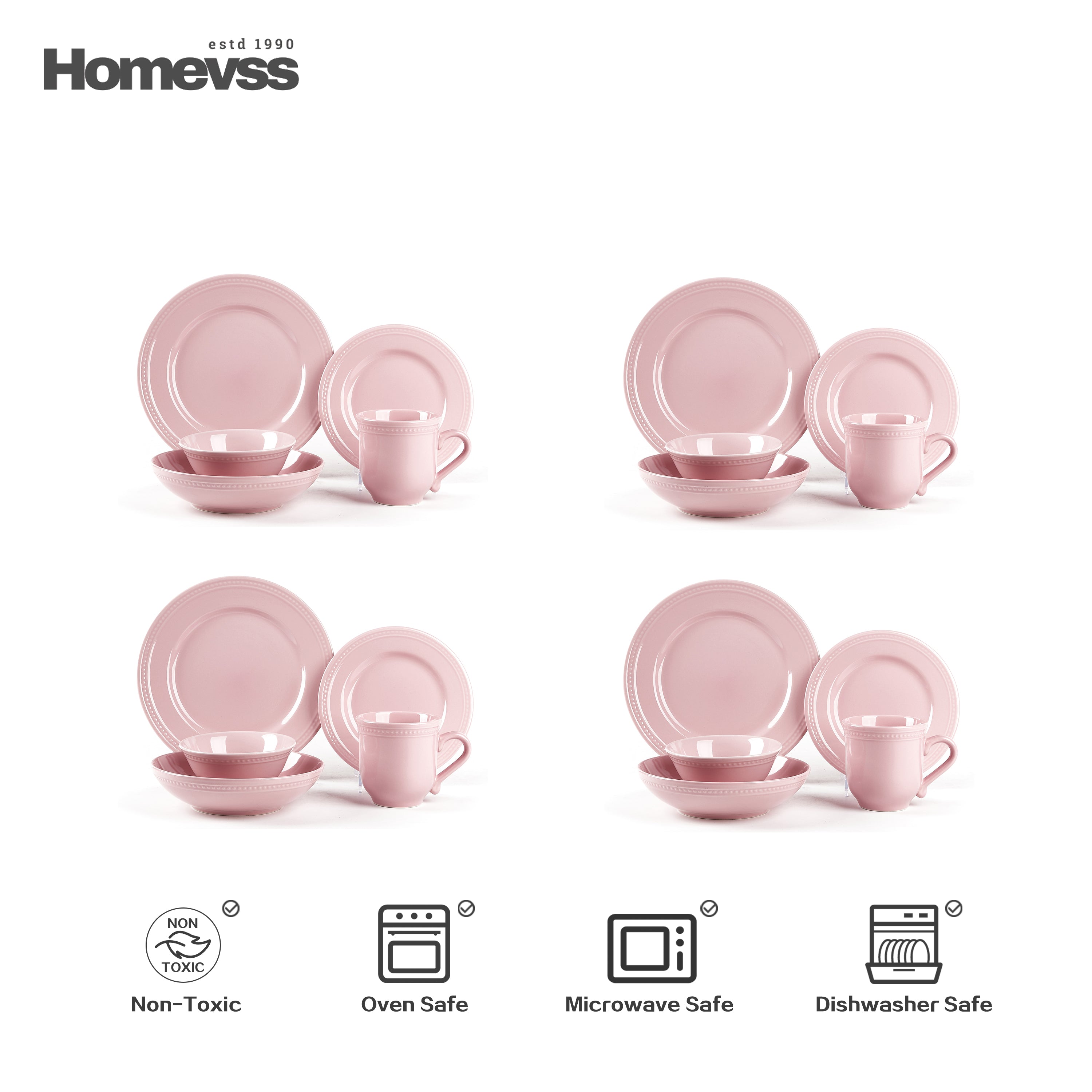 Pink stoneware dinnerware set with beaded rim and pearl dots, 20-piece set, service for 4; four place settings shown in a grid on white background. Oven, microwave and dishwasher safe.