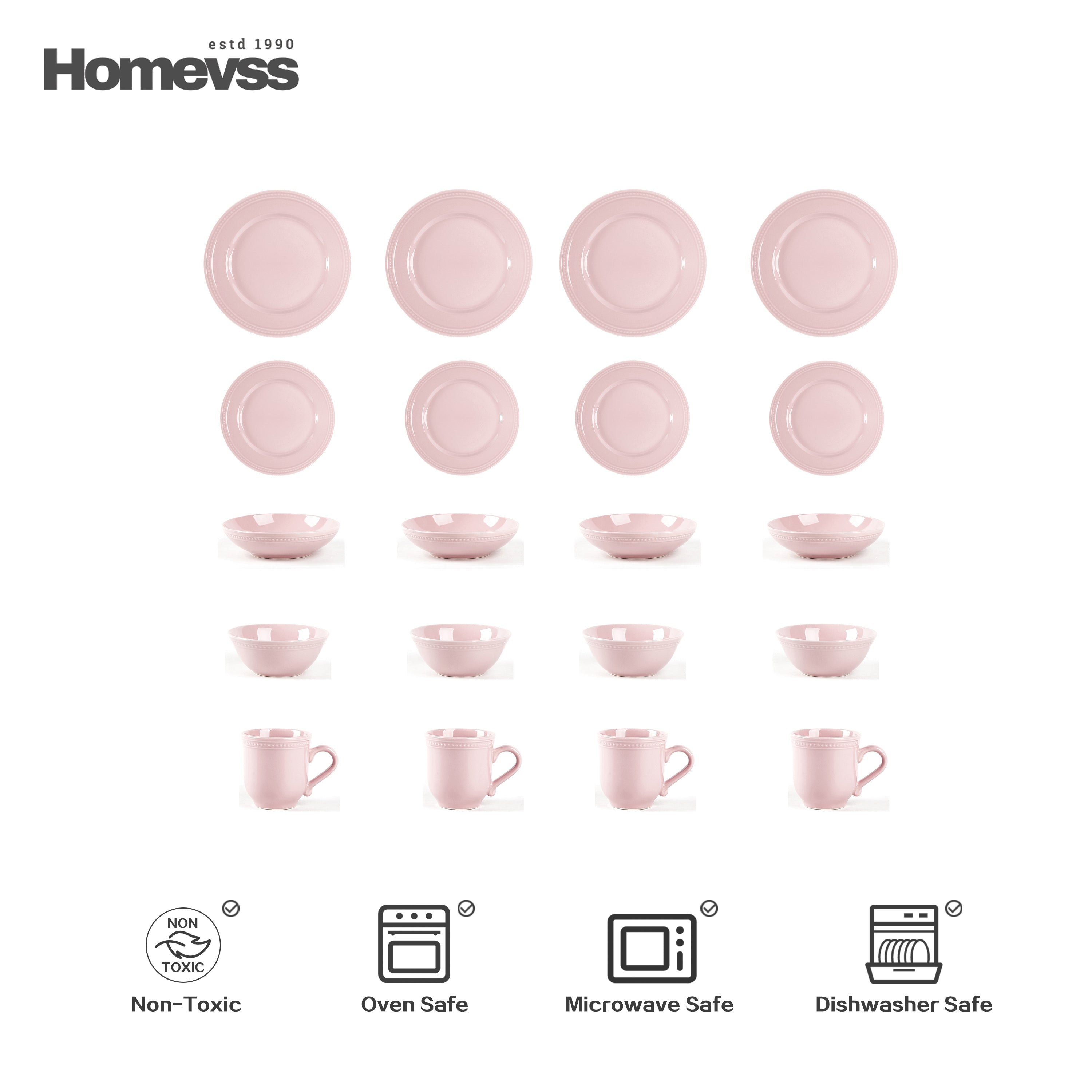 Pink stoneware dinnerware set with beaded rim and pearl dots, 20-piece set, service for 4; flat-lay grid showing 4 dinner plates, 4 salad plates, 4 soup/pasta bowls, 4 cereal bowls and 4 mugs. Oven, microwave and dishwasher safe.
