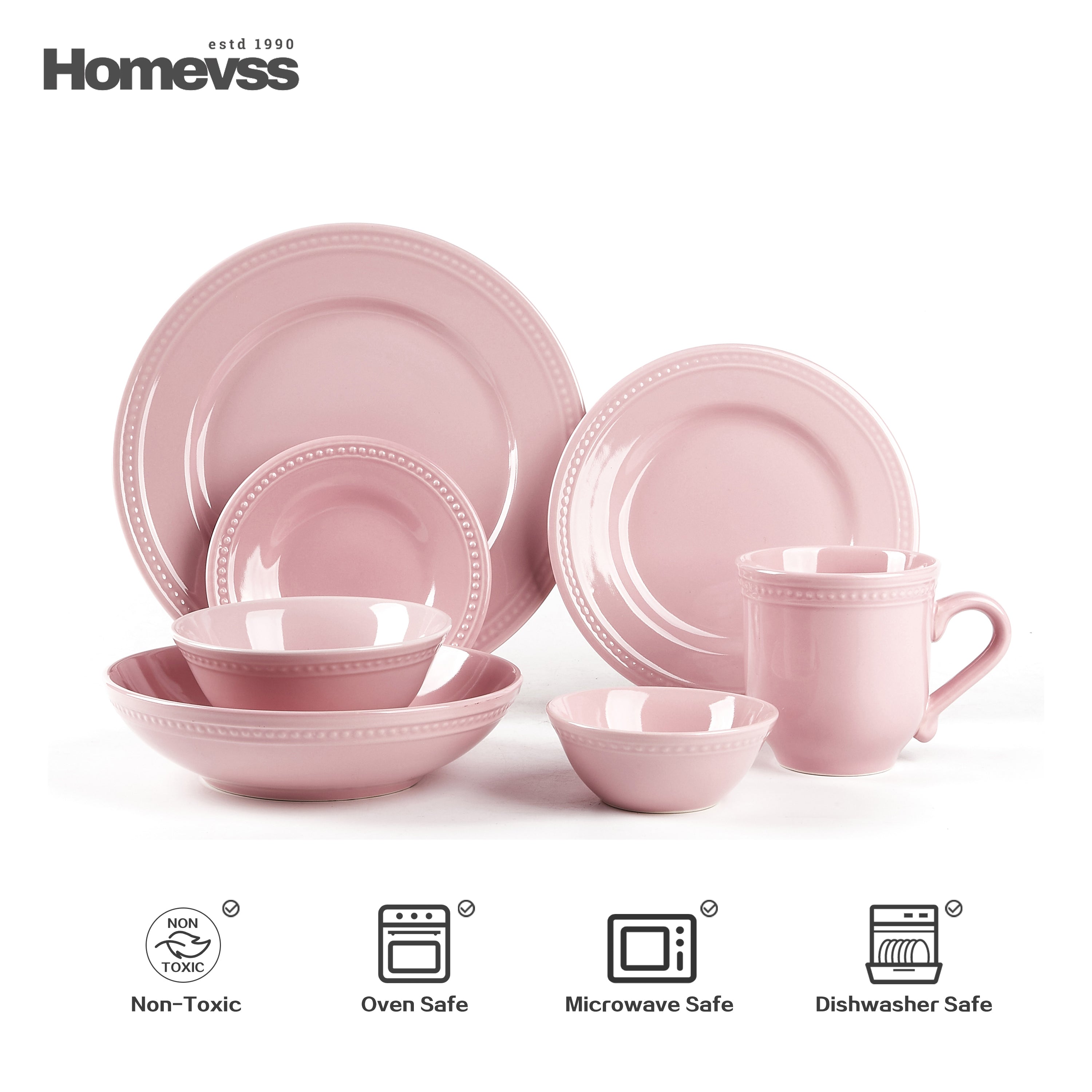 Pink stoneware dinnerware set with beaded rim and pearl dots, 42-piece set, service for 6; place setting with dinner plate, salad plate, dessert plate, soup/pasta bowl, cereal/soup bowl, small dip bowl and 15 oz mug on white background. Oven, microwave and dishwasher safe.