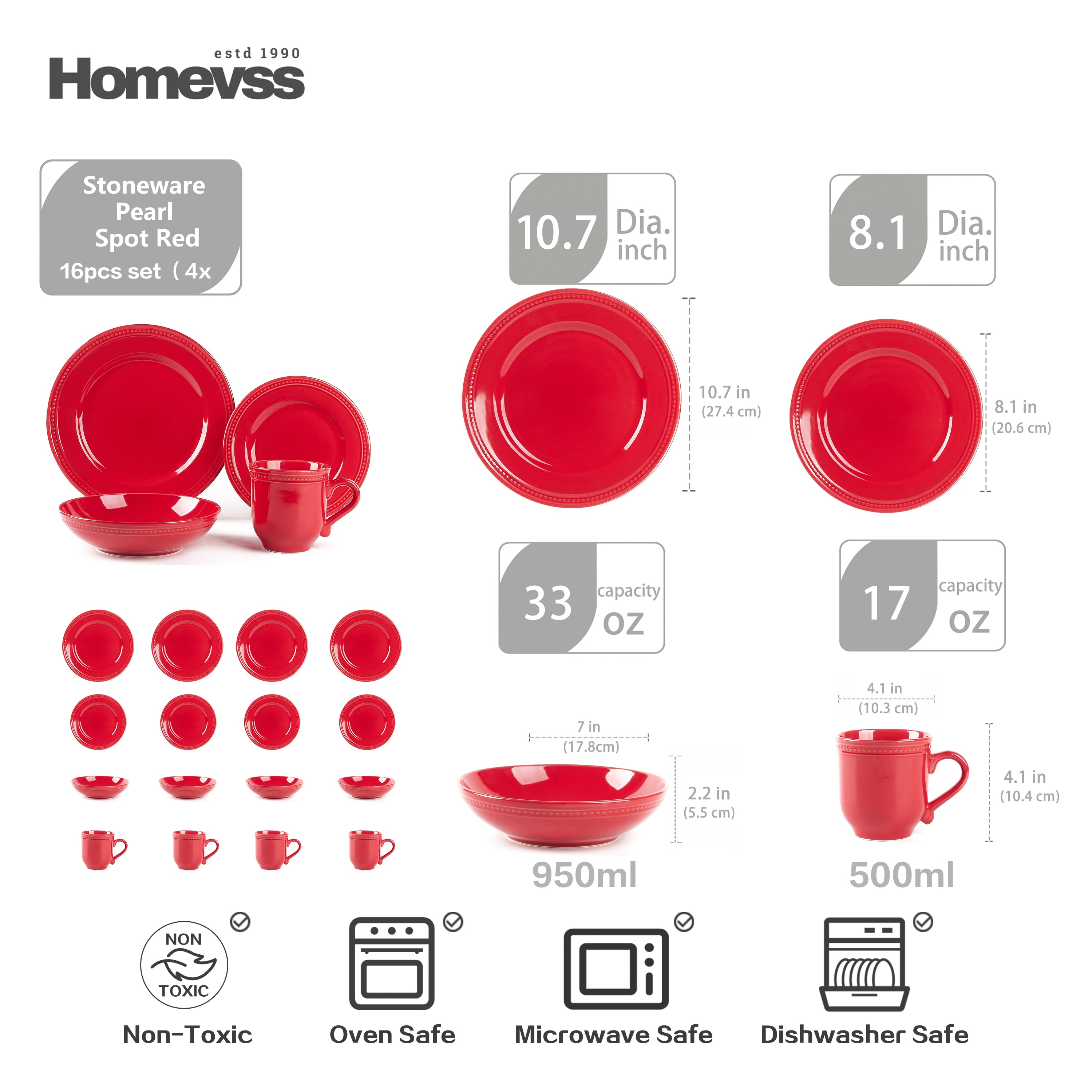 Red stoneware dinnerware set size chart with beaded rim and pearl dots; 16-piece set, service for 4. Dimensions shown: dinner plate 10.7 in, salad plate 8.1 in, soup/pasta bowl 7 in × 2.2 in (≈950 ml), mug ≈500 ml. Oven, microwave and dishwasher safe.