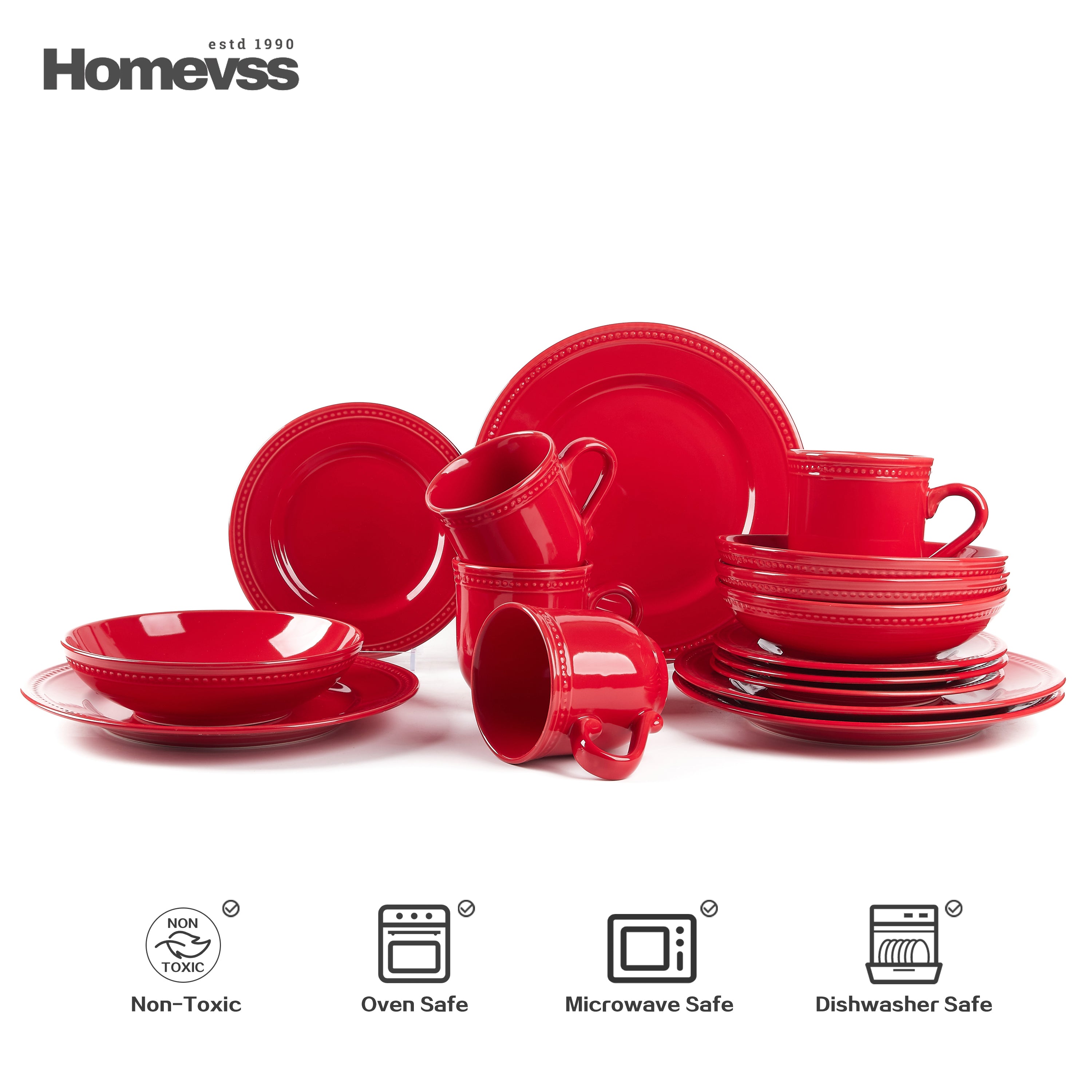 Red stoneware dinnerware set with beaded rim and pearl dots on white background; plates, bowls and mugs shown. Oven, microwave and dishwasher safe.