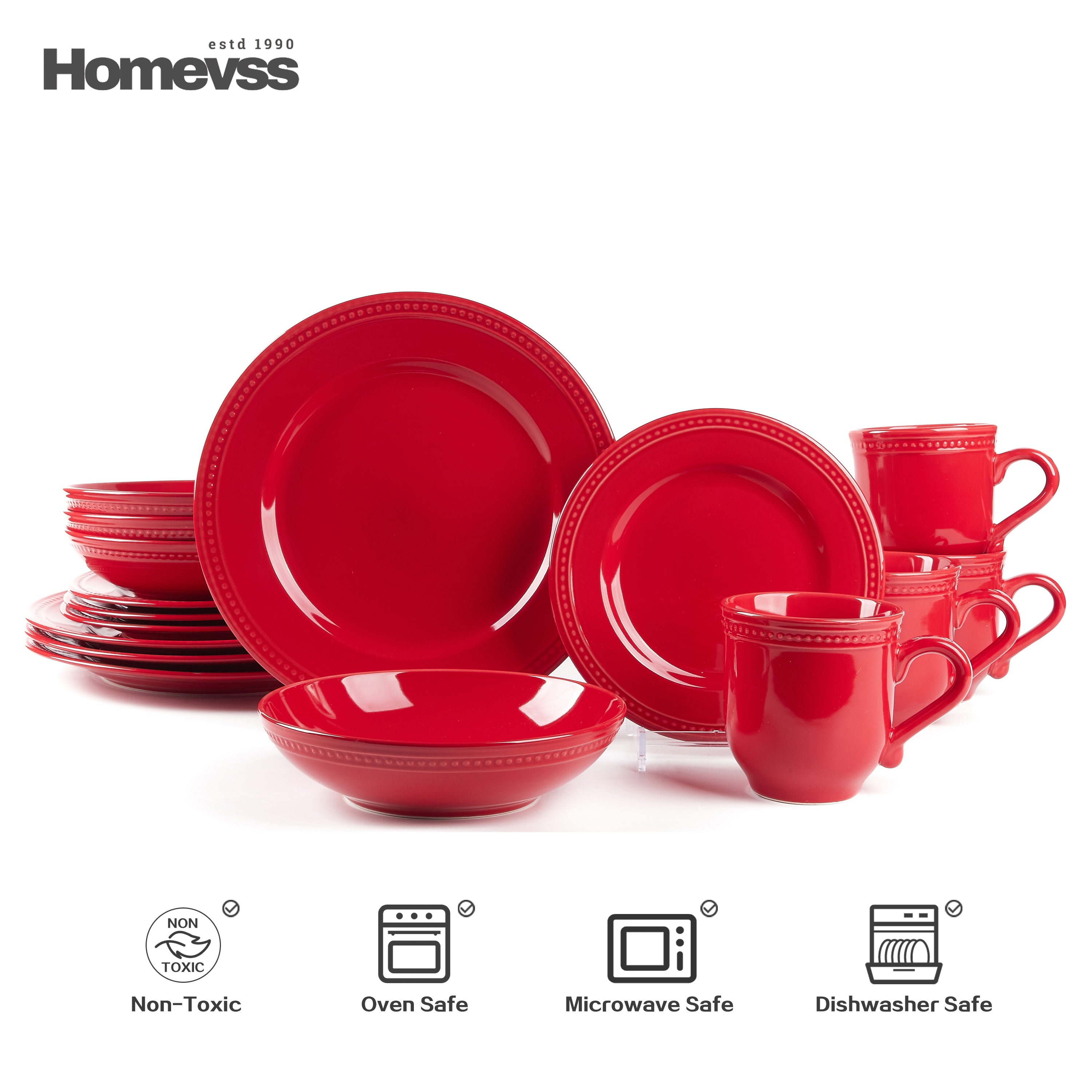 Red stoneware dinnerware set with beaded rim and pearl dots; plates, bowls and mugs displayed on white background. Oven, microwave and dishwasher safe.