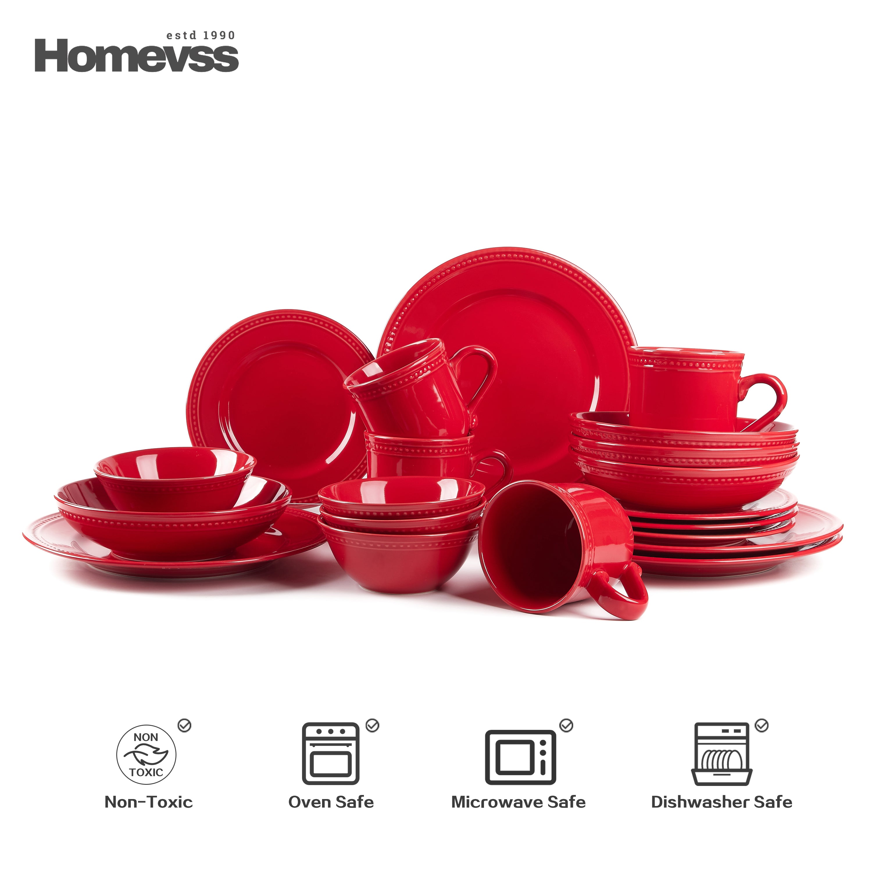 Red stoneware dinnerware set with beaded rim and pearl dots, 20-piece set, service for 4; dinner plates, salad plates, soup/pasta bowls, cereal bowls and 15 oz mugs on white background. Oven, microwave and dishwasher safe.