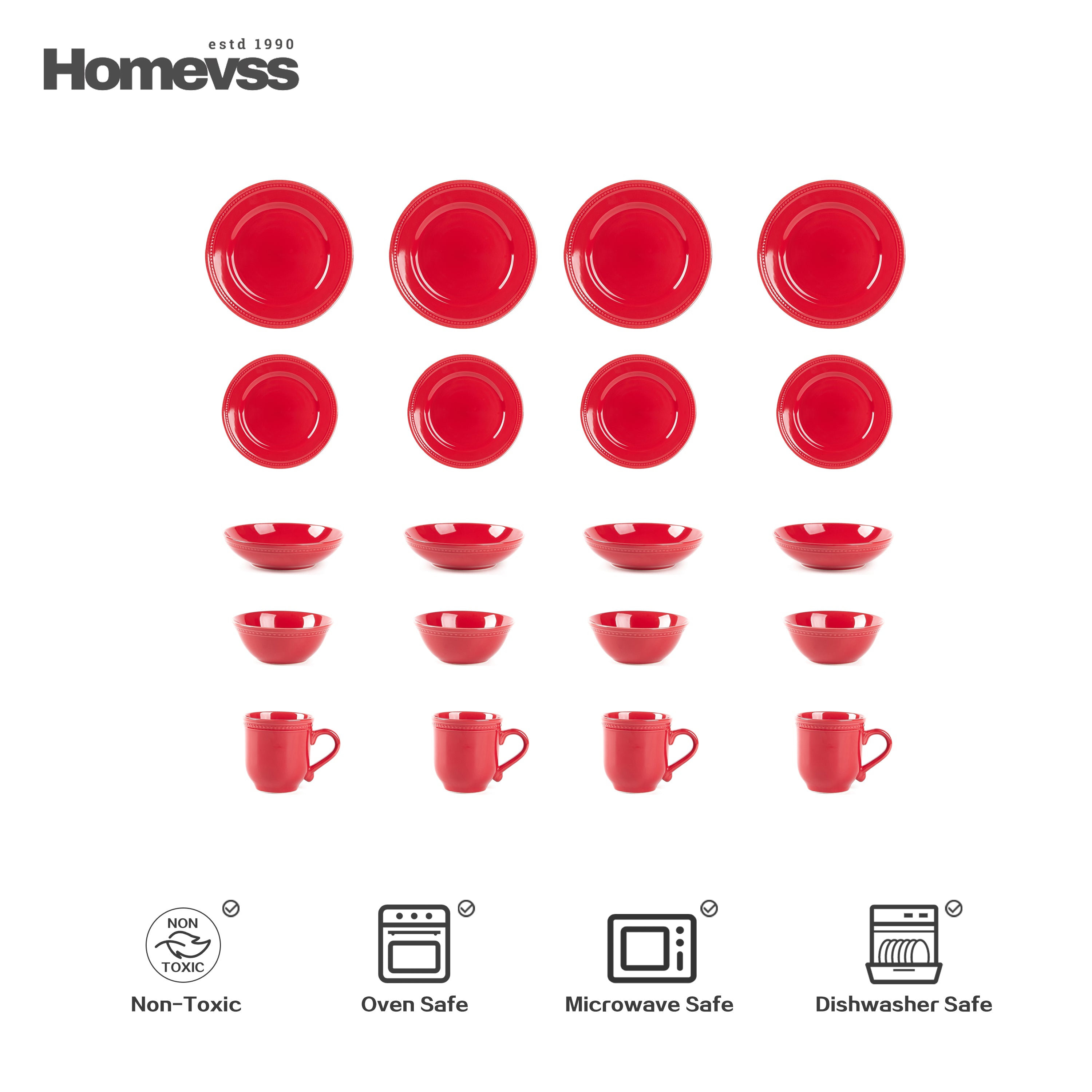 Red stoneware dinnerware set with beaded rim and pearl dots, 20-piece set, service for 4; flat-lay grid showing 4 dinner plates, 4 salad plates, 4 soup/pasta bowls, 4 cereal bowls and 4 mugs. Oven, microwave and dishwasher safe.