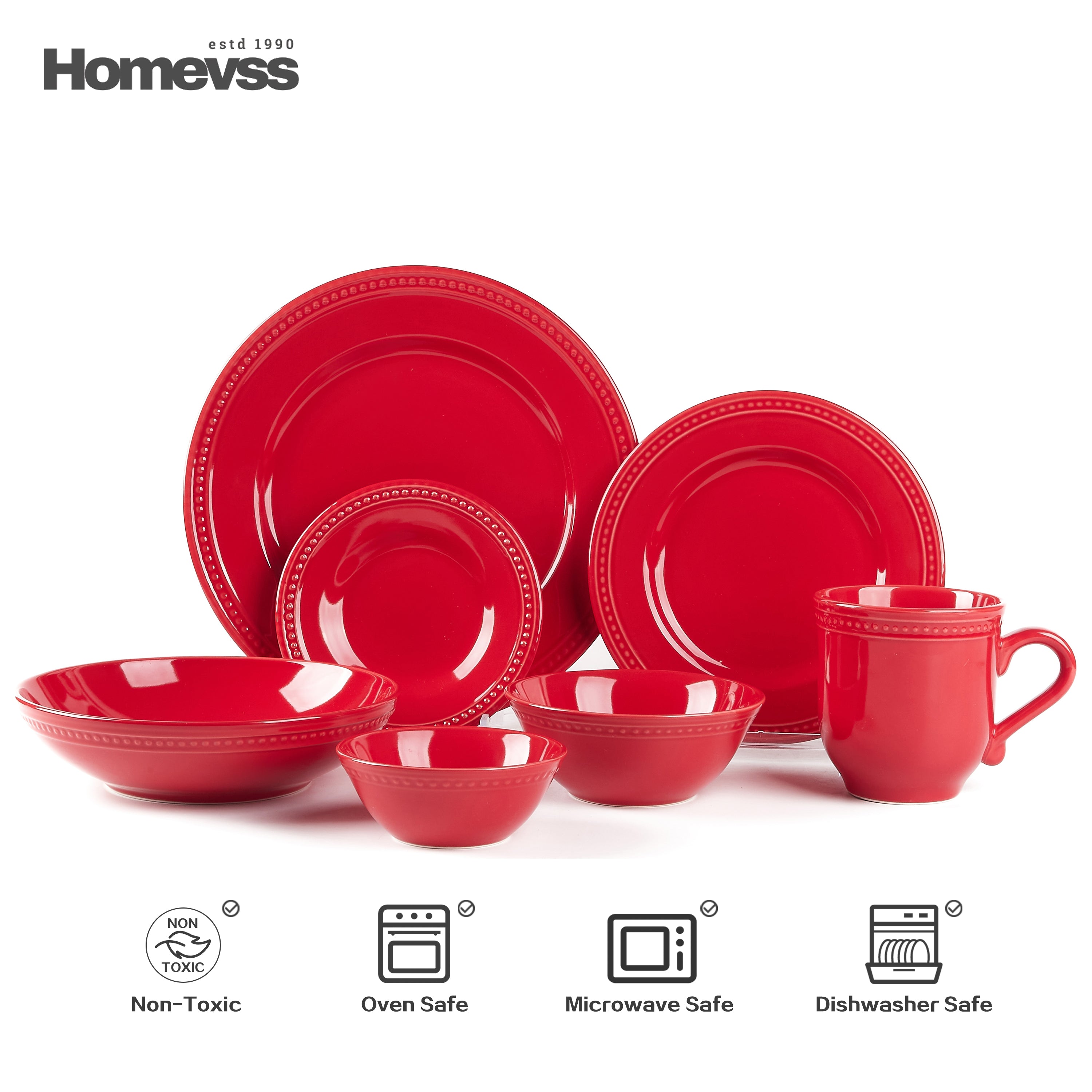 Red stoneware dinnerware set with beaded rim and pearl dots, 56-piece set, service for 8; place setting with dinner plate, salad plate, dessert plate, soup/pasta bowl, small bowls and 15 oz mug. Oven, microwave and dishwasher safe.