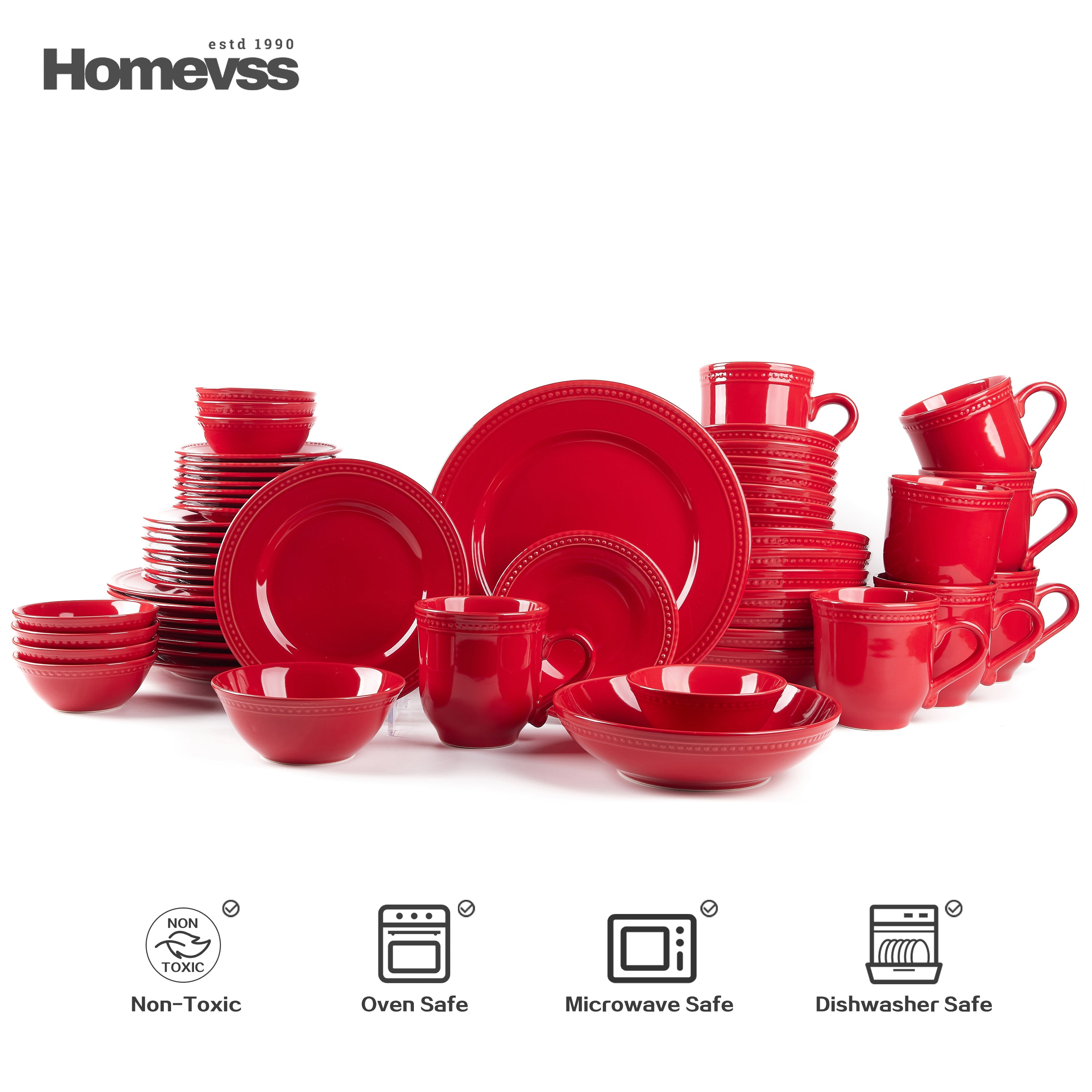 Red stoneware dinnerware set with beaded rim and pearl dots, 56-piece set, service for 8; plates, bowls and 15 oz mugs stacked on white background. Oven, microwave and dishwasher safe.