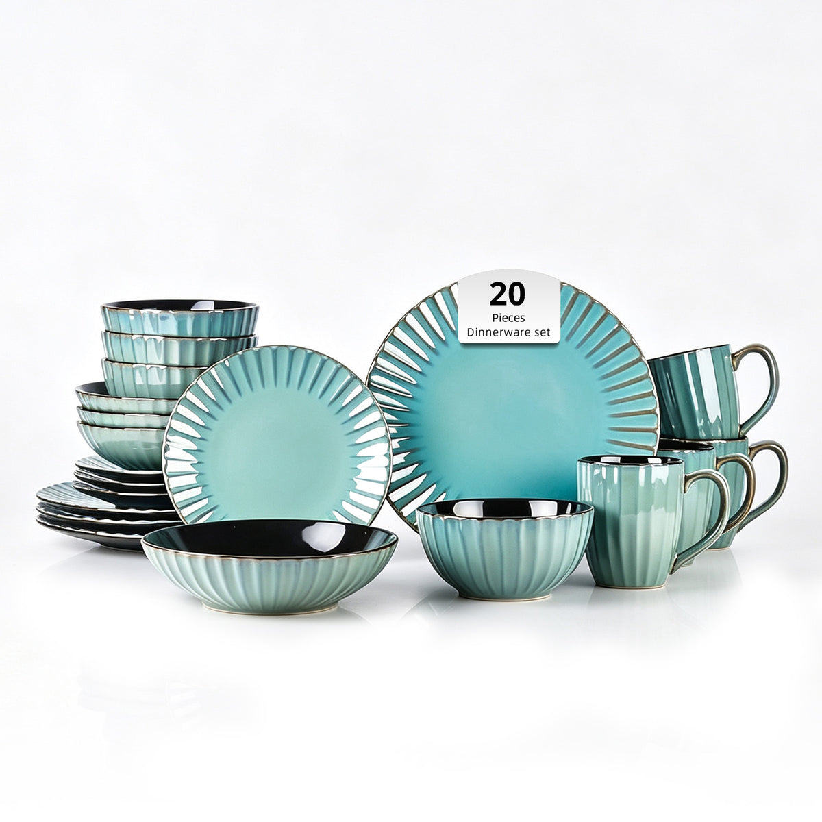 A 20-piece ceramic dinnerware set in a light aqua/teal color with black interiors and metallic silver rims, arranged on a white background. The set includes plates, bowls, and mugs with a ribbed fluted design.