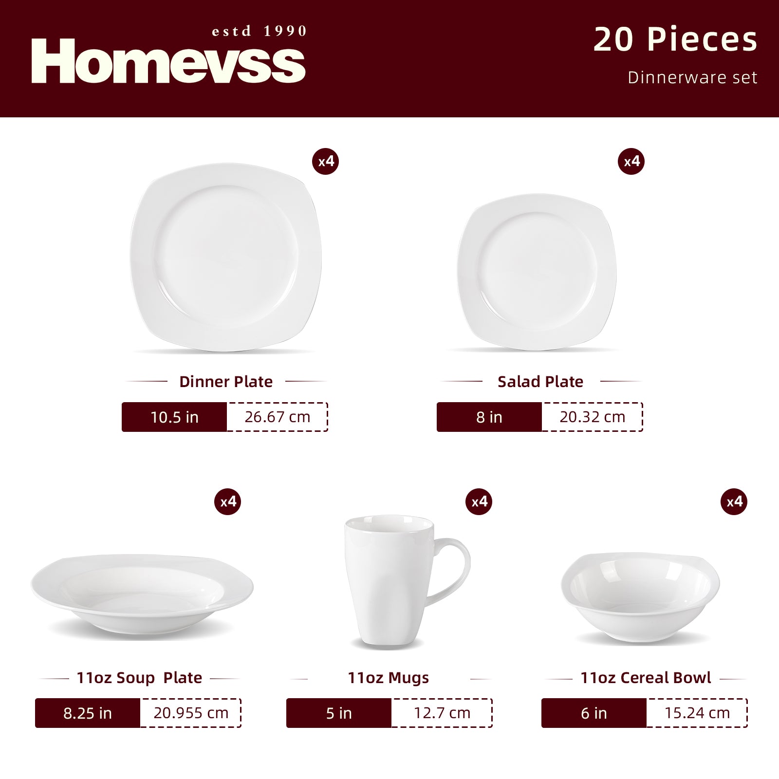 Bone China Square Coupe Shape Dinnerware Set