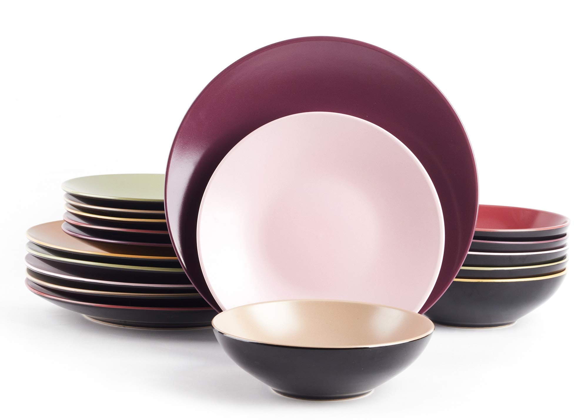 Colors Life 16 Dinnerware Set，Outside Shinny Black + Inside Matte Finished Color