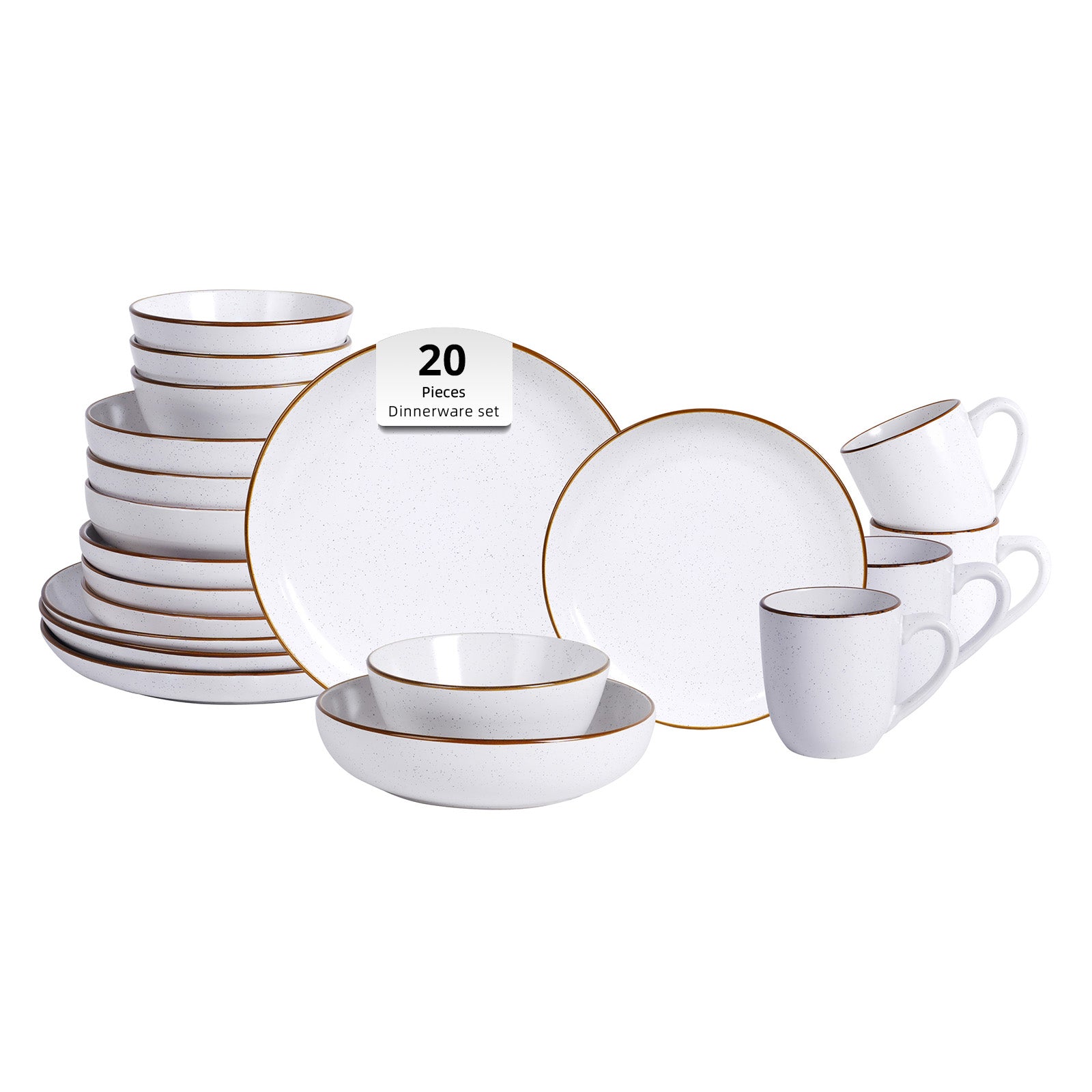20-piece dinnerware set with brown rims on a white background