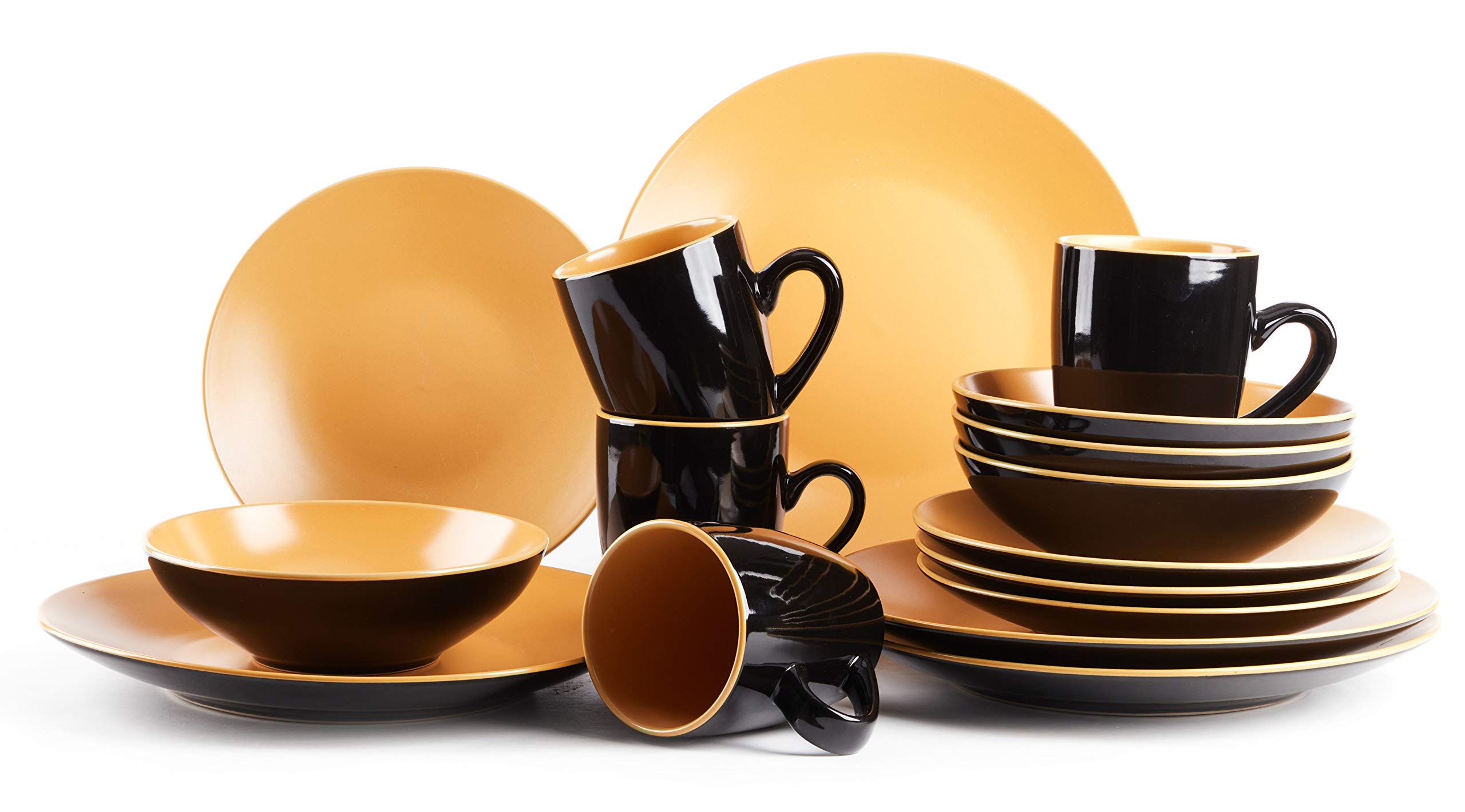 Colors Life 16 Dinnerware Set，Outside Shinny Black + Inside Matte Finished Color