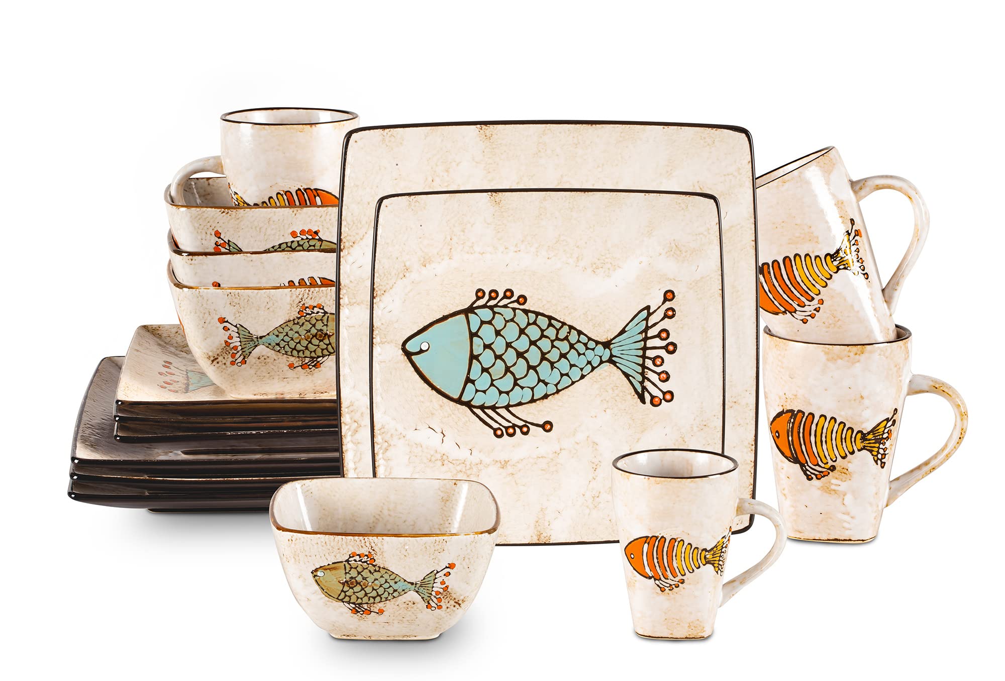 Stoneware Artisan Hand Painted Fish, 16pc Reactive Glaze Dinnerware Set