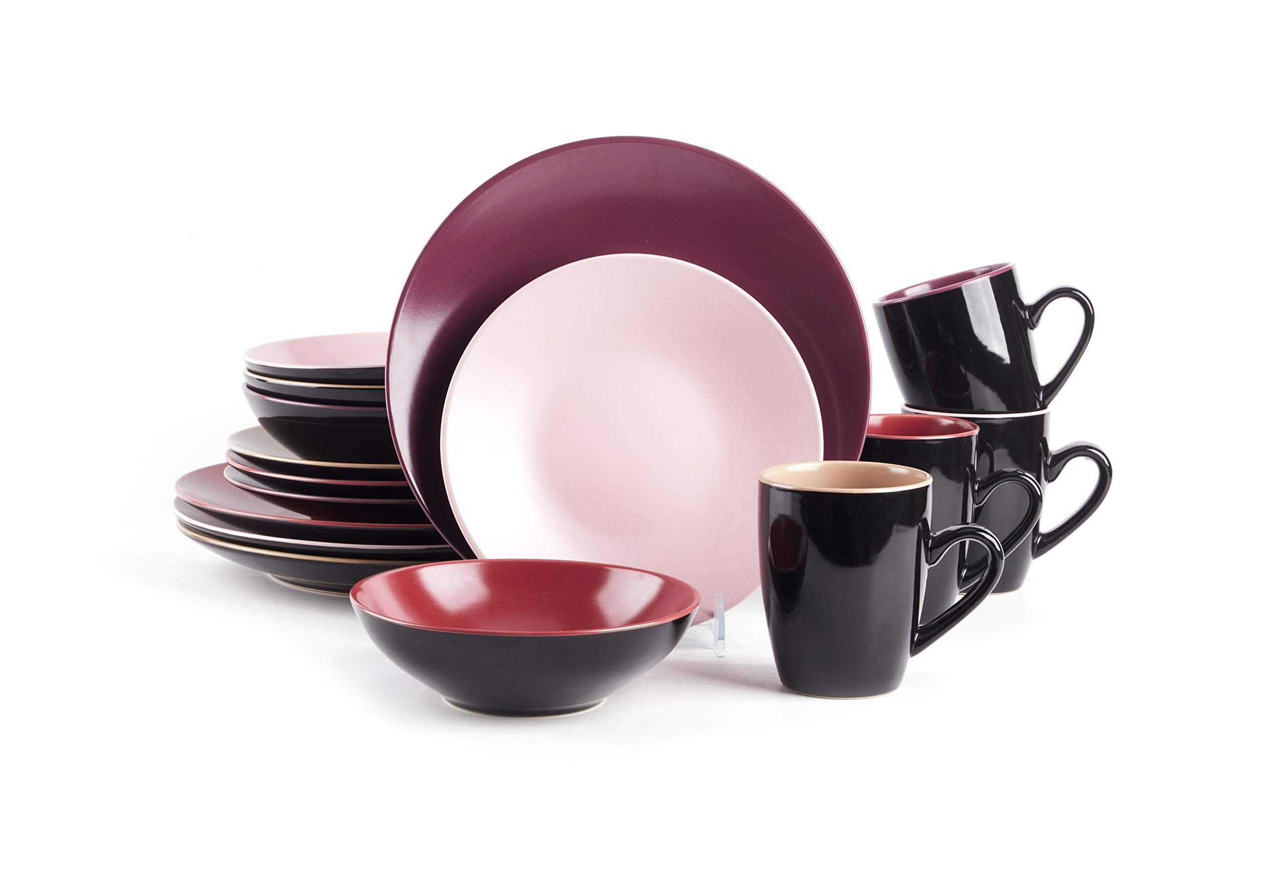 Colors Life 16 Dinnerware Set，Outside Shinny Black + Inside Matte Finished Color