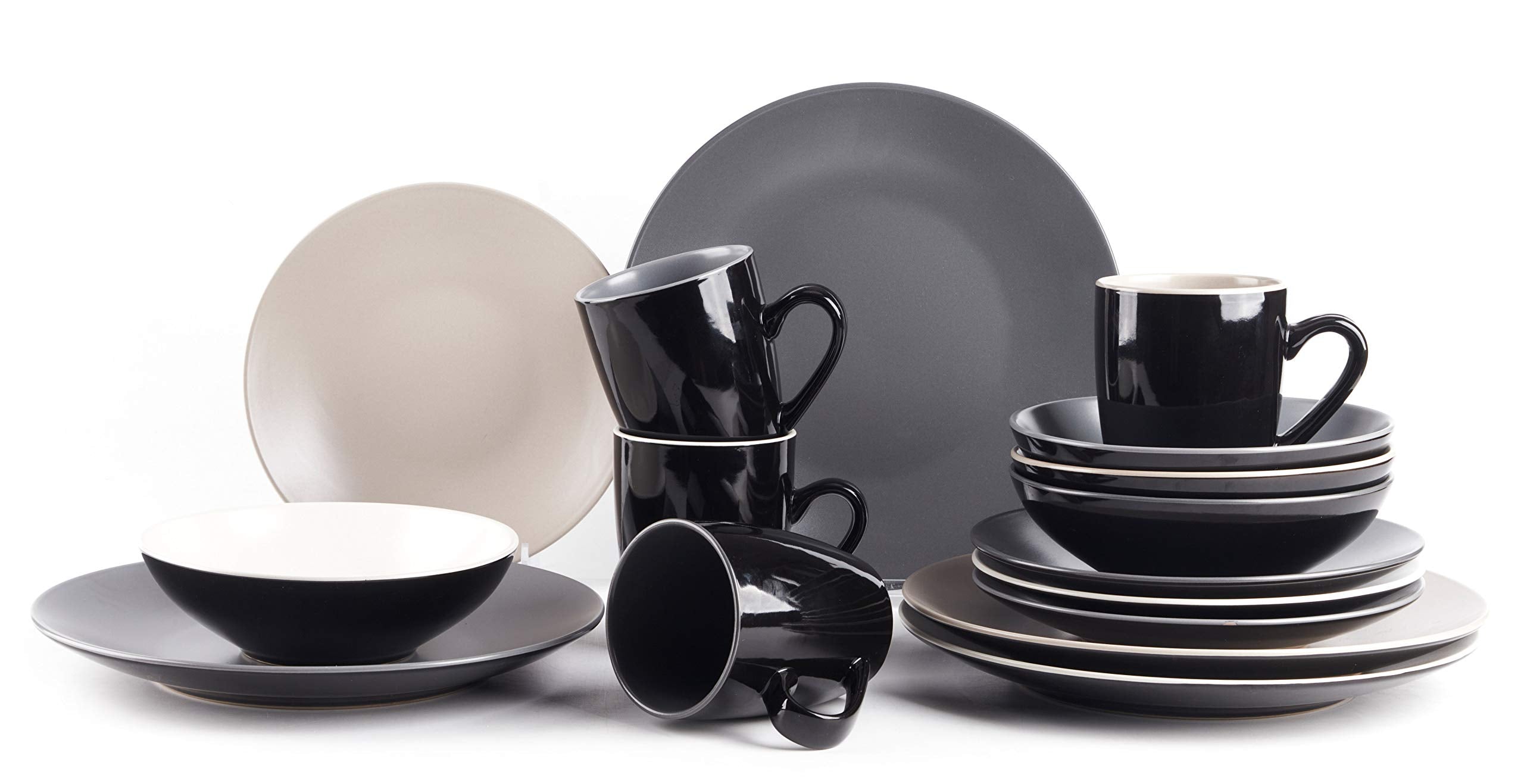 Colors Life 16 Dinnerware Set，Outside Shinny Black + Inside Matte Finished Color