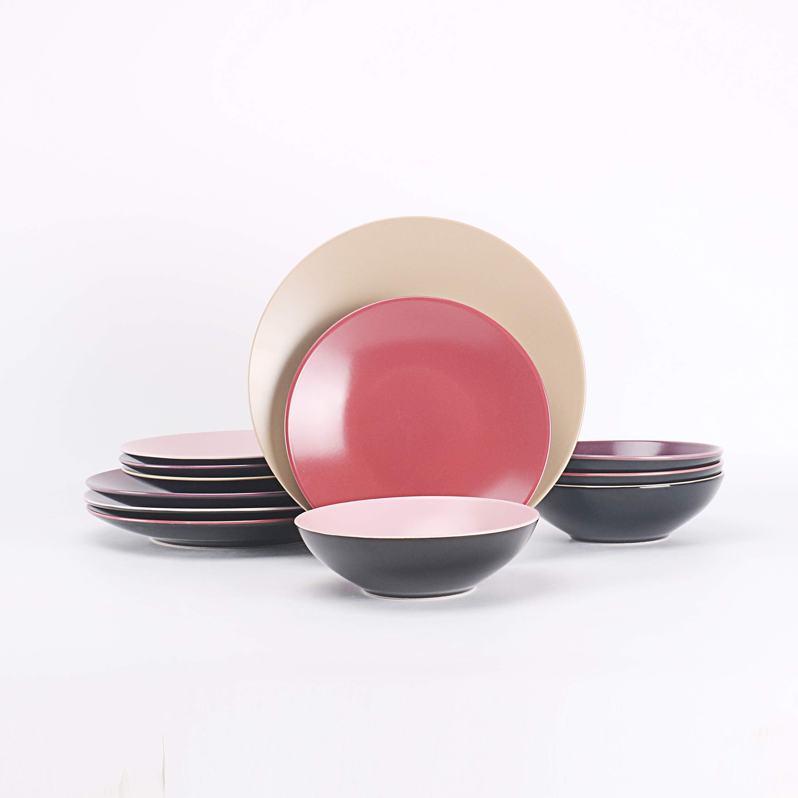 Colors Life 16 Dinnerware Set，Outside Shinny Black + Inside Matte Finished Color