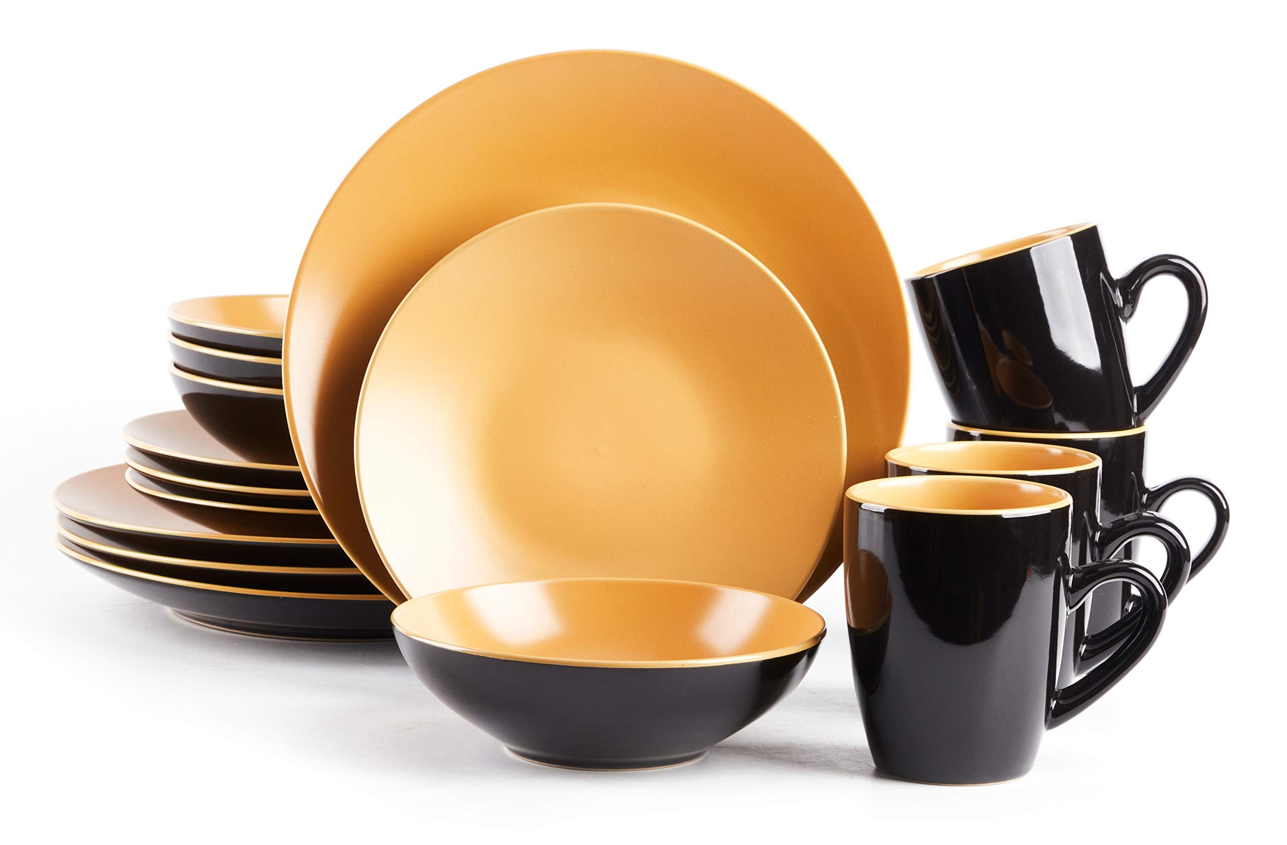 Colors Life 16 Dinnerware Set，Outside Shinny Black + Inside Matte Finished Color