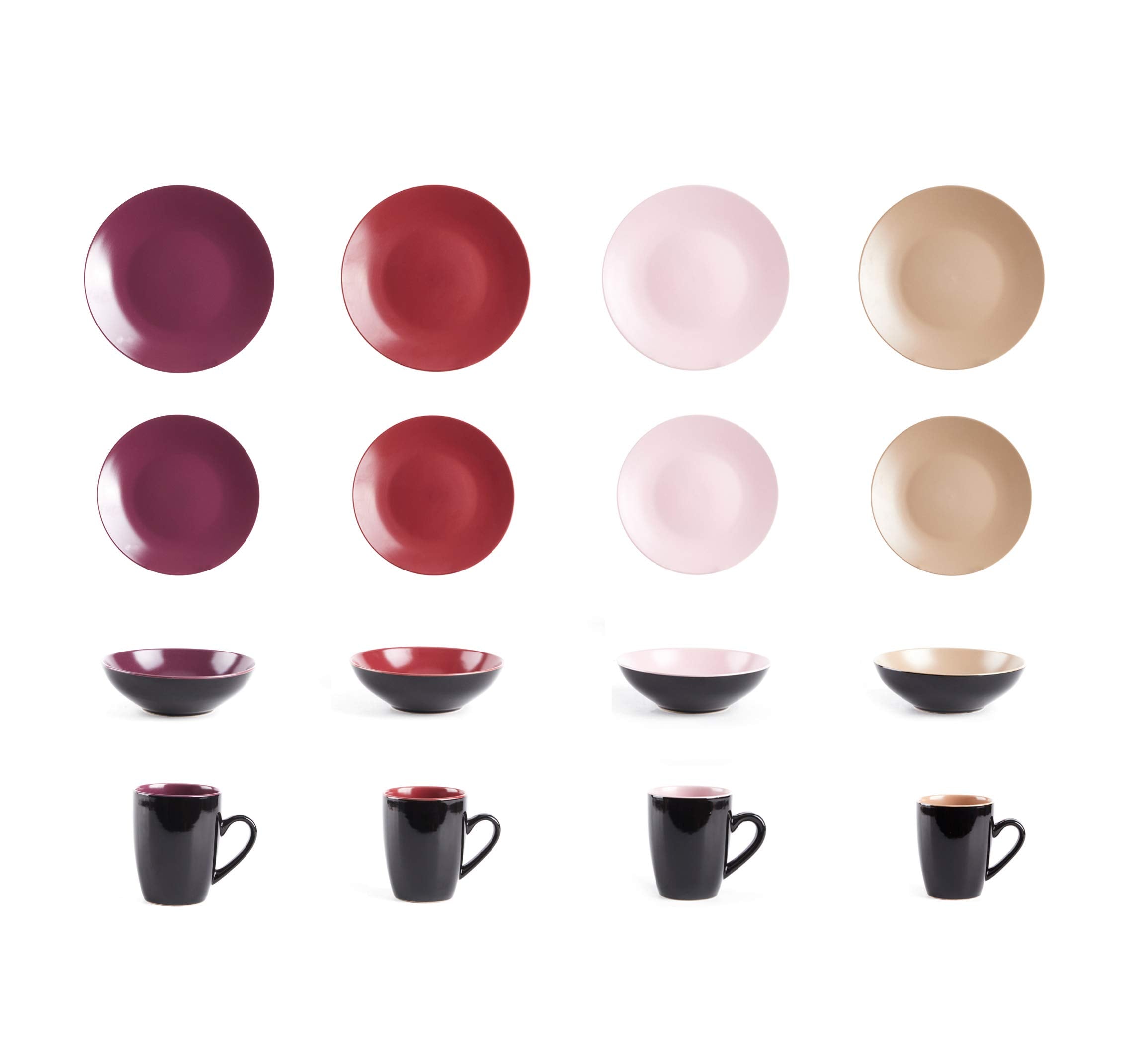 Colors Life 16 Dinnerware Set，Outside Shinny Black + Inside Matte Finished Color