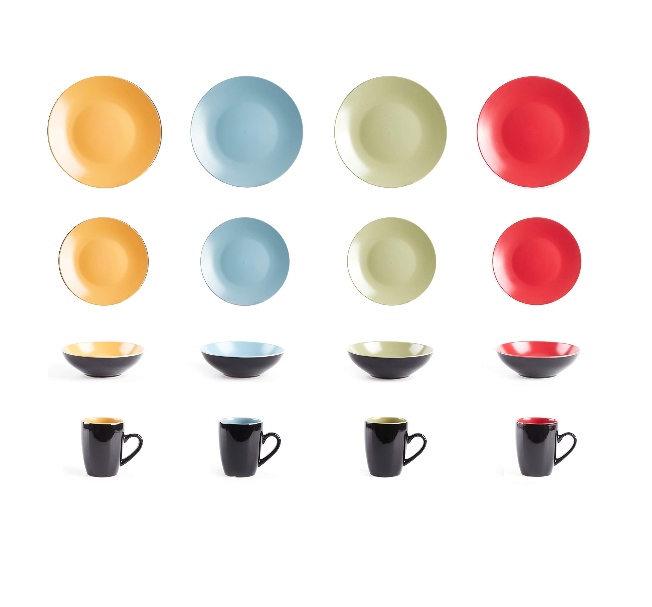 Colors Life 16 Dinnerware Set，Outside Shinny Black + Inside Matte Finished Color